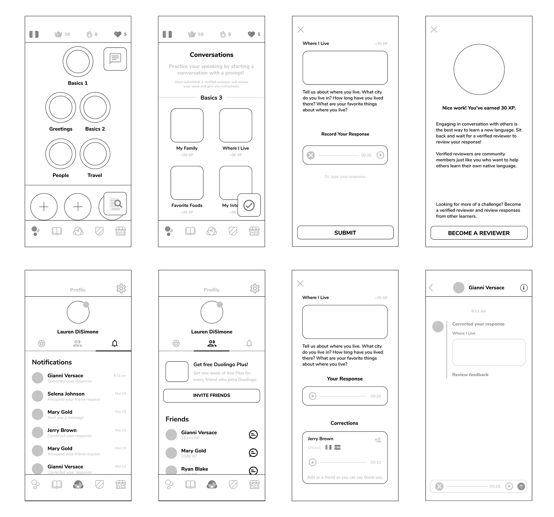 Image of a variety of UI screens for a new conceptual Duolingo feature
