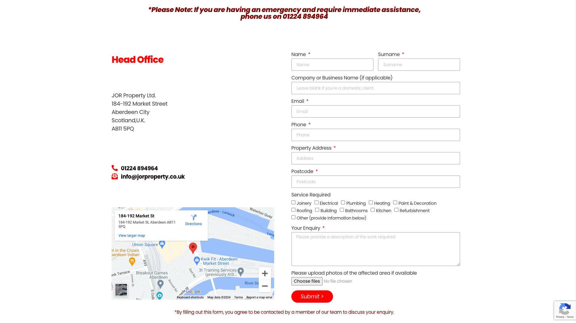Contact Us section showcasing Google Map widget, Contact Info and Form Submission