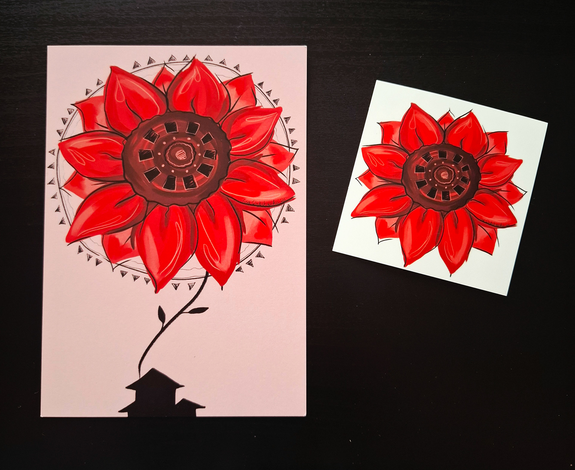 Red Sunflower postcard and sticker.