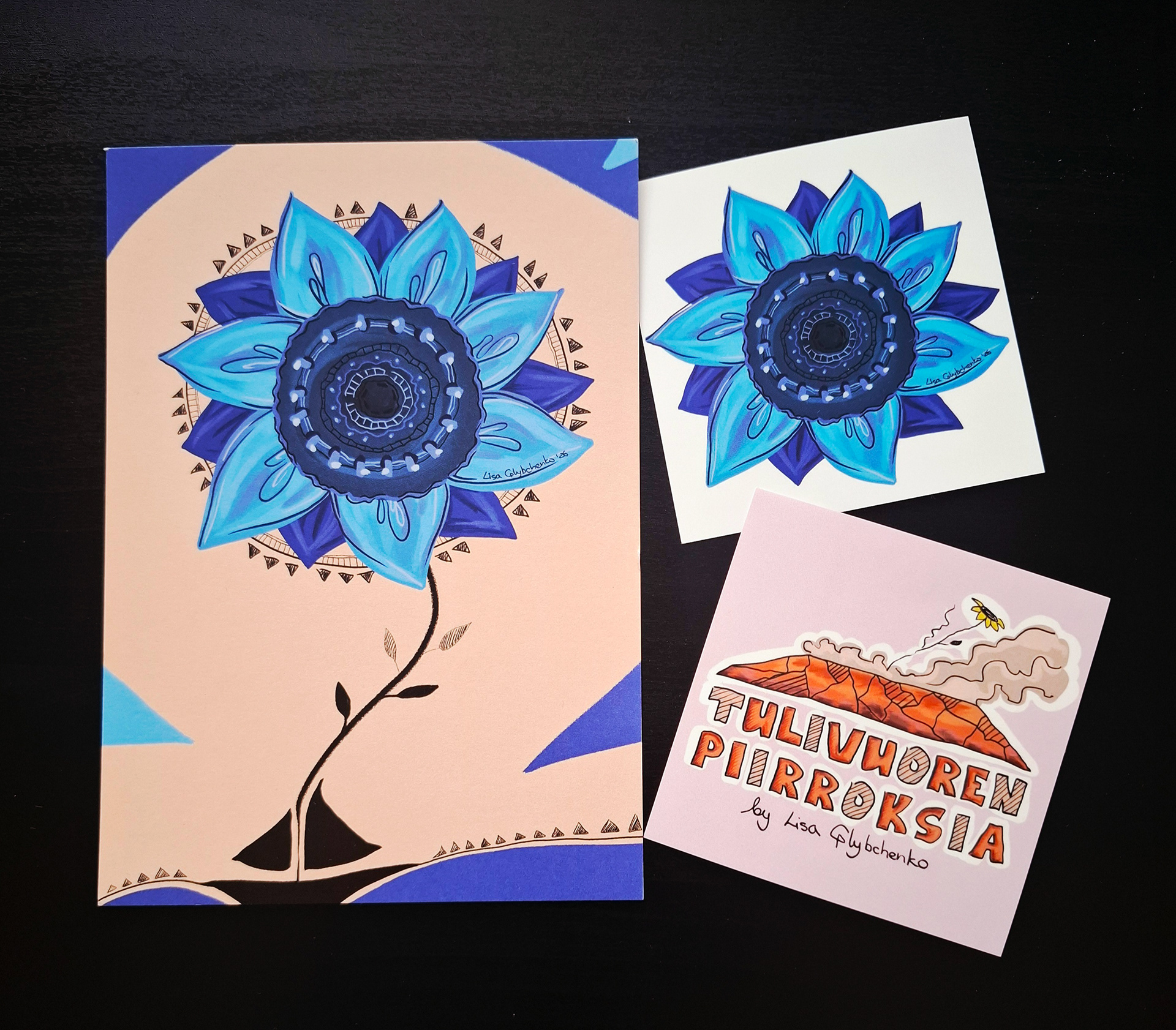 Postcard and stickers.
