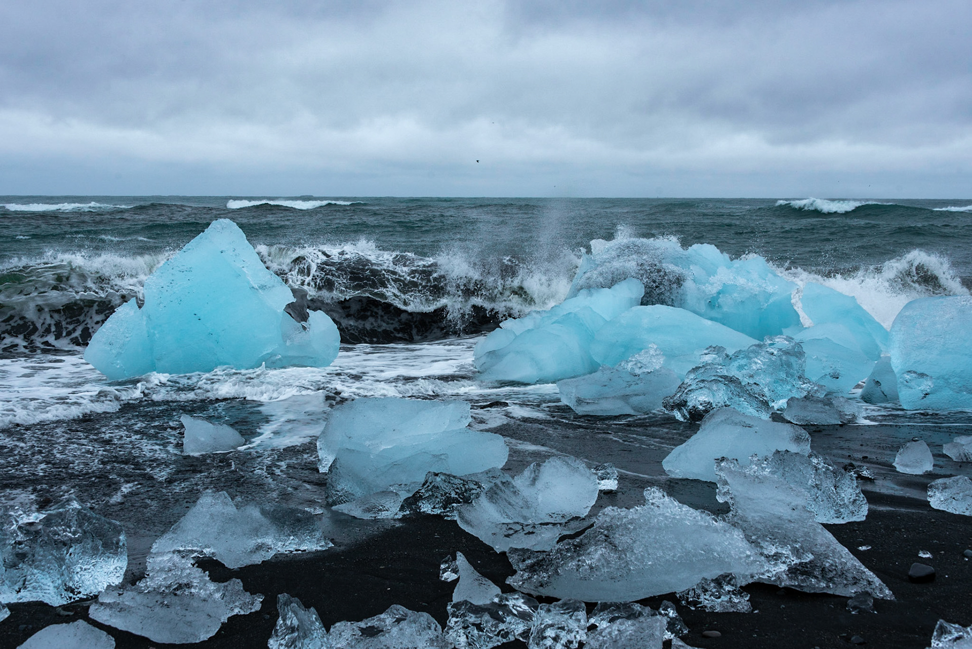 Diamond Beach / La houle rabat sur la plage les morceaux d'iceberg venus de la lagune glaciaire de Jökulsárlón