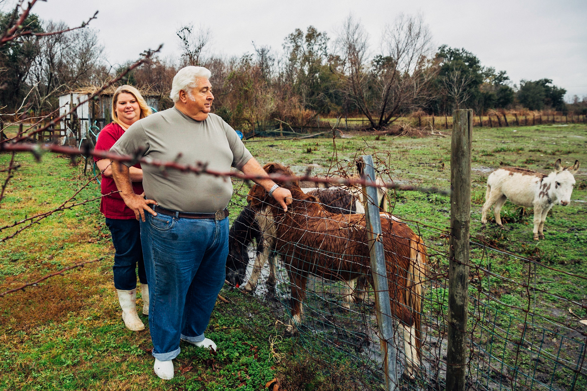 Rhonda Hannan y su padre Henry Rodriguez Junior en corral de burros que tienen en la parte trasera de su casa. Henry ejerció la política por el partído demócrata (burro). CISLANDERUS is the cultural project about the Descendants of Canary Islanders in the US. www.cislanderus.com | Researcher: Thenesoya V. Martín |  Photographer: Aníbal Martel.