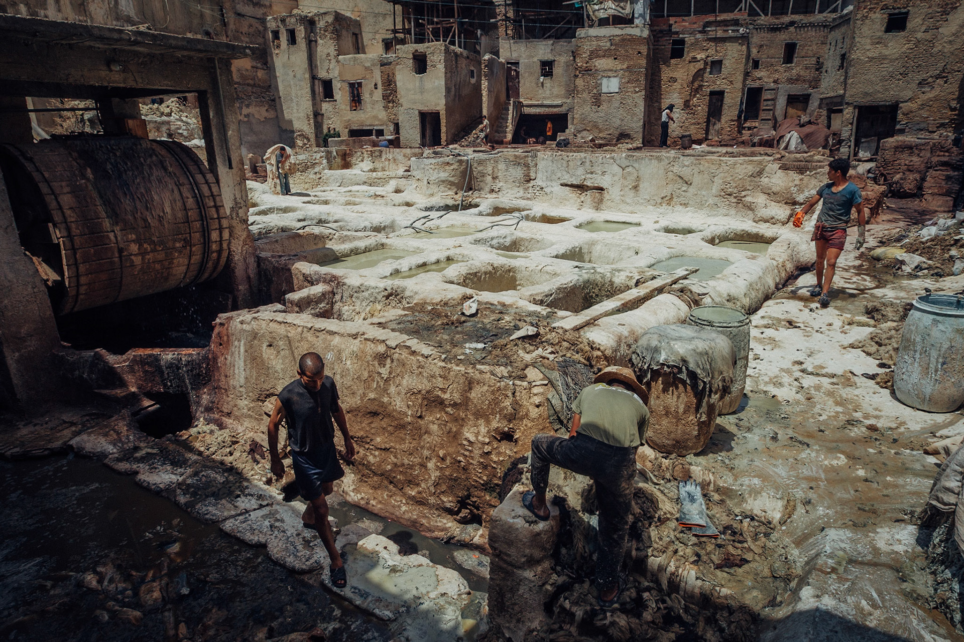 Leather tanners in Marrakech, Morocco, North Africa, Africa, 2010.