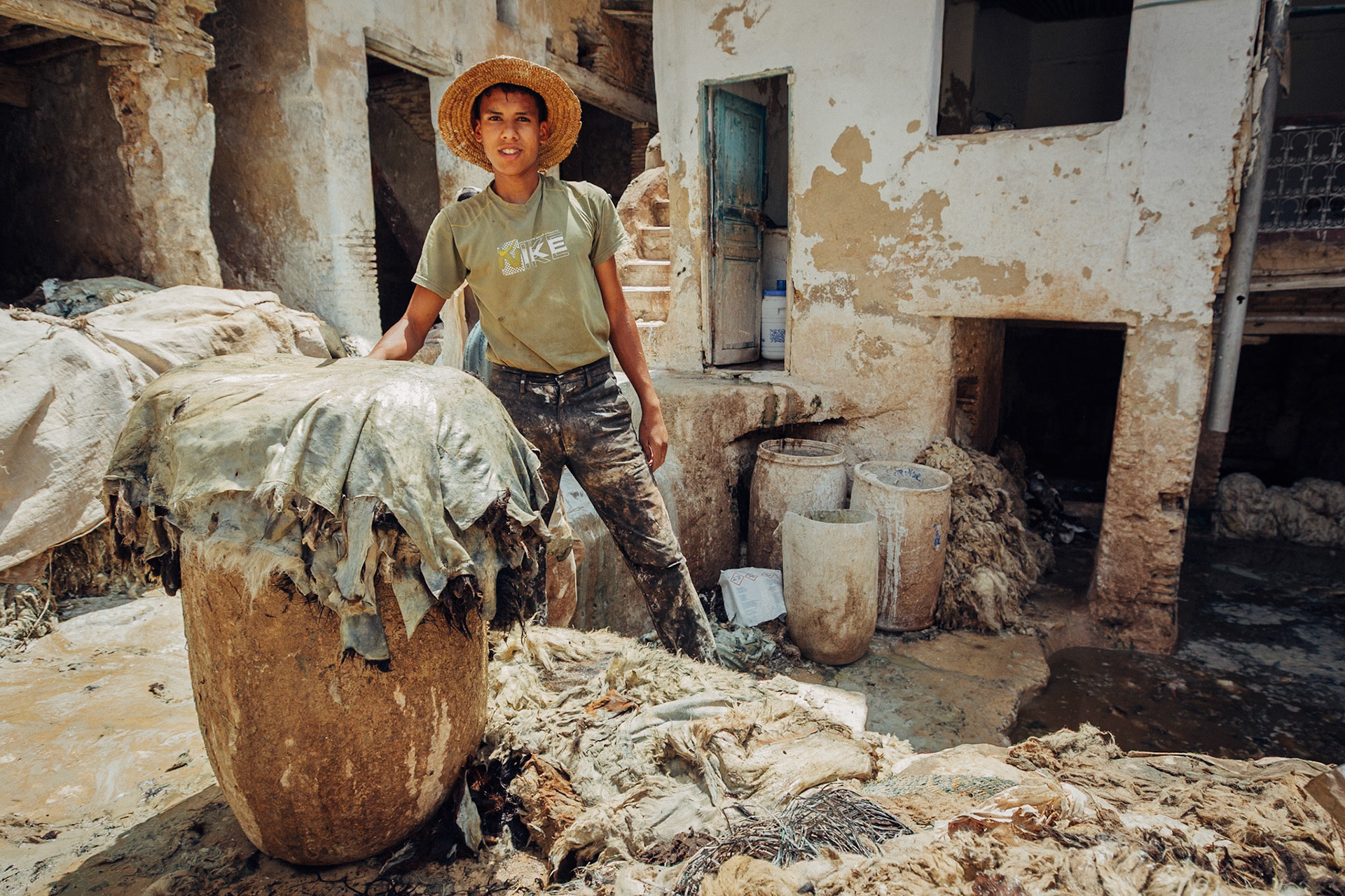 Leather tanners in Marrakech, Morocco, North Africa, Africa, 2010.