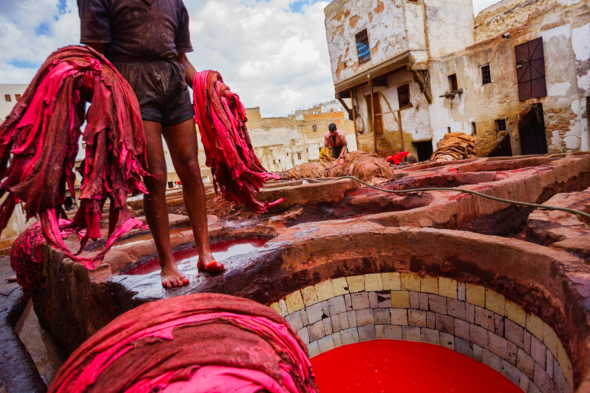 Tanners and leather dyers in Fez, Morocco, North Africa, Africa, 2007.
