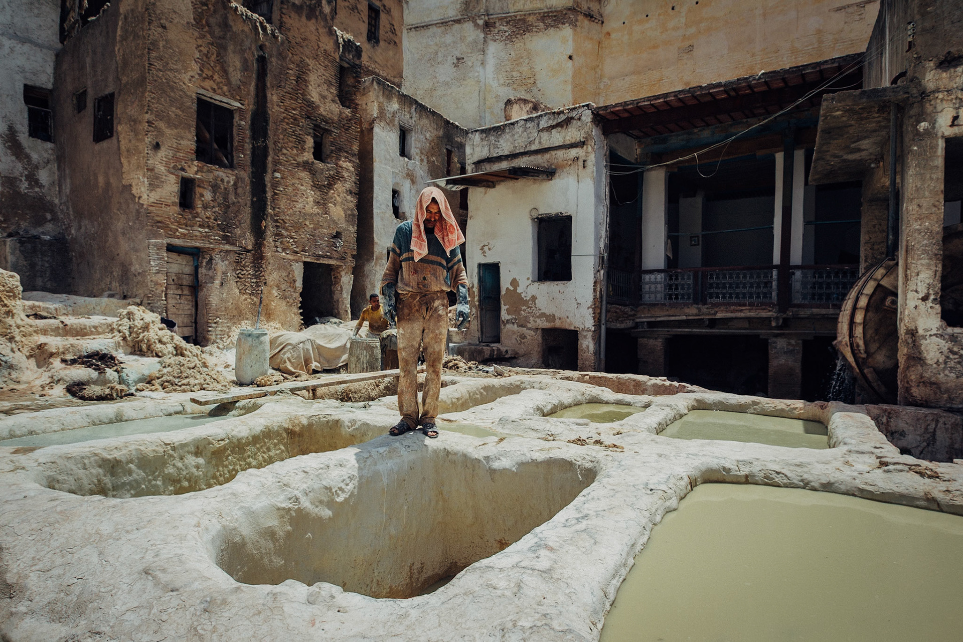Leather tanners in Marrakech, Morocco, North Africa, Africa, 2010.