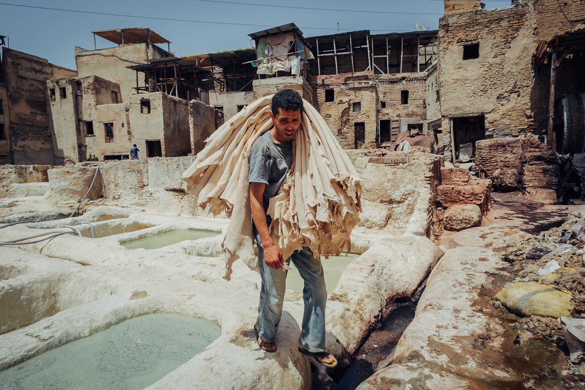 Leather tanners in Marrakech, Morocco, North Africa, Africa, 2010.