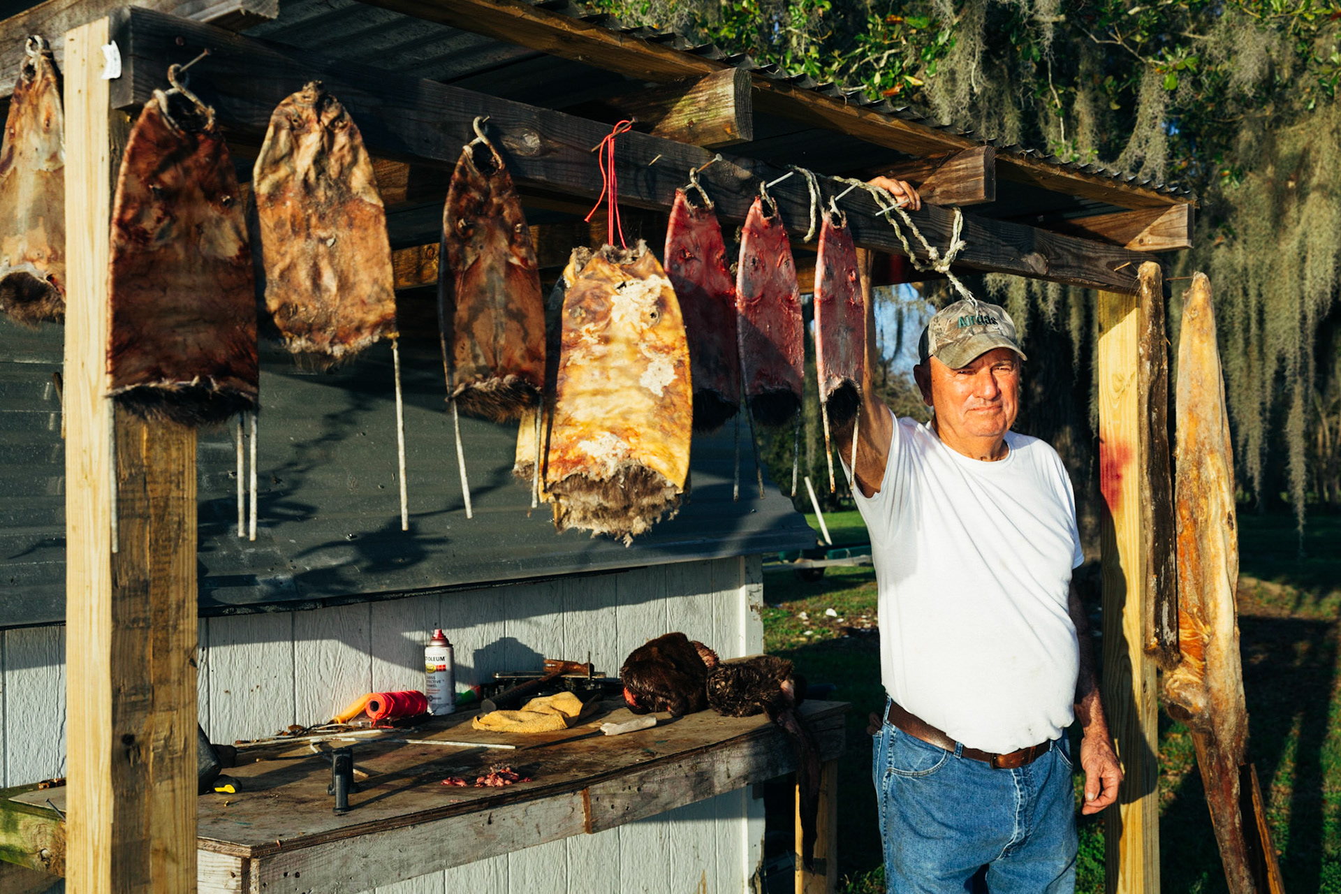 Floyd Assavedo with muskrat skins, Saint Bernard, Louisiana, USA, 2014. CISLANDERUS is the cultural project about the Descendants of Canary Islanders in the US. www.cislanderus.com | Researcher: Thenesoya V. Martín |  Photographer: Aníbal Martel.