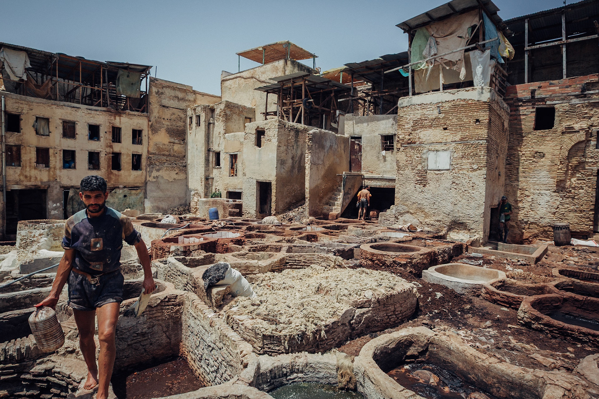 Leather tanners in Marrakech, Morocco, North Africa, Africa, 2010.
