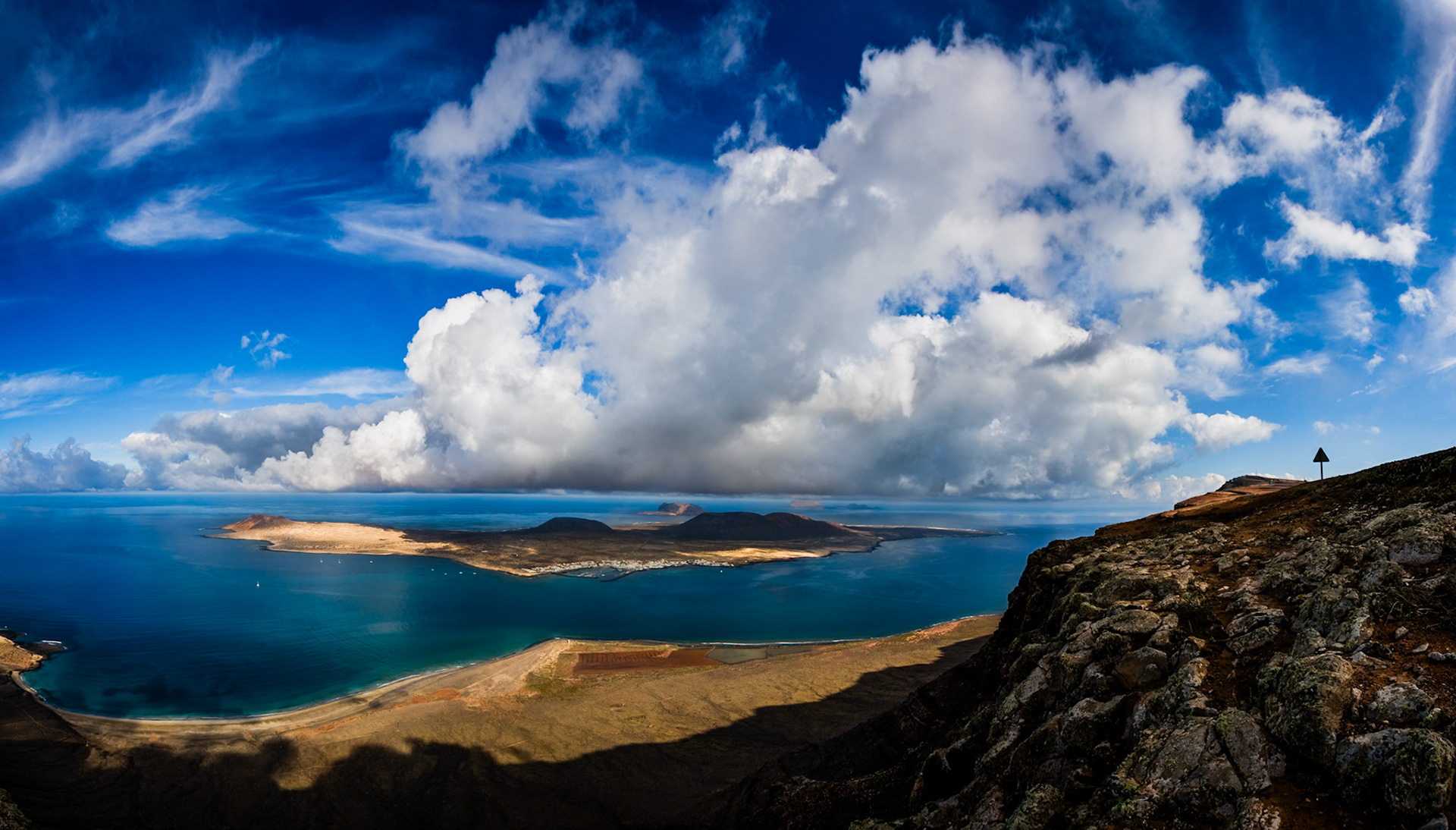 La Graciosa islet from the cliffs of Famara, Lanzarote, Canary Islands, Spain, Europe.