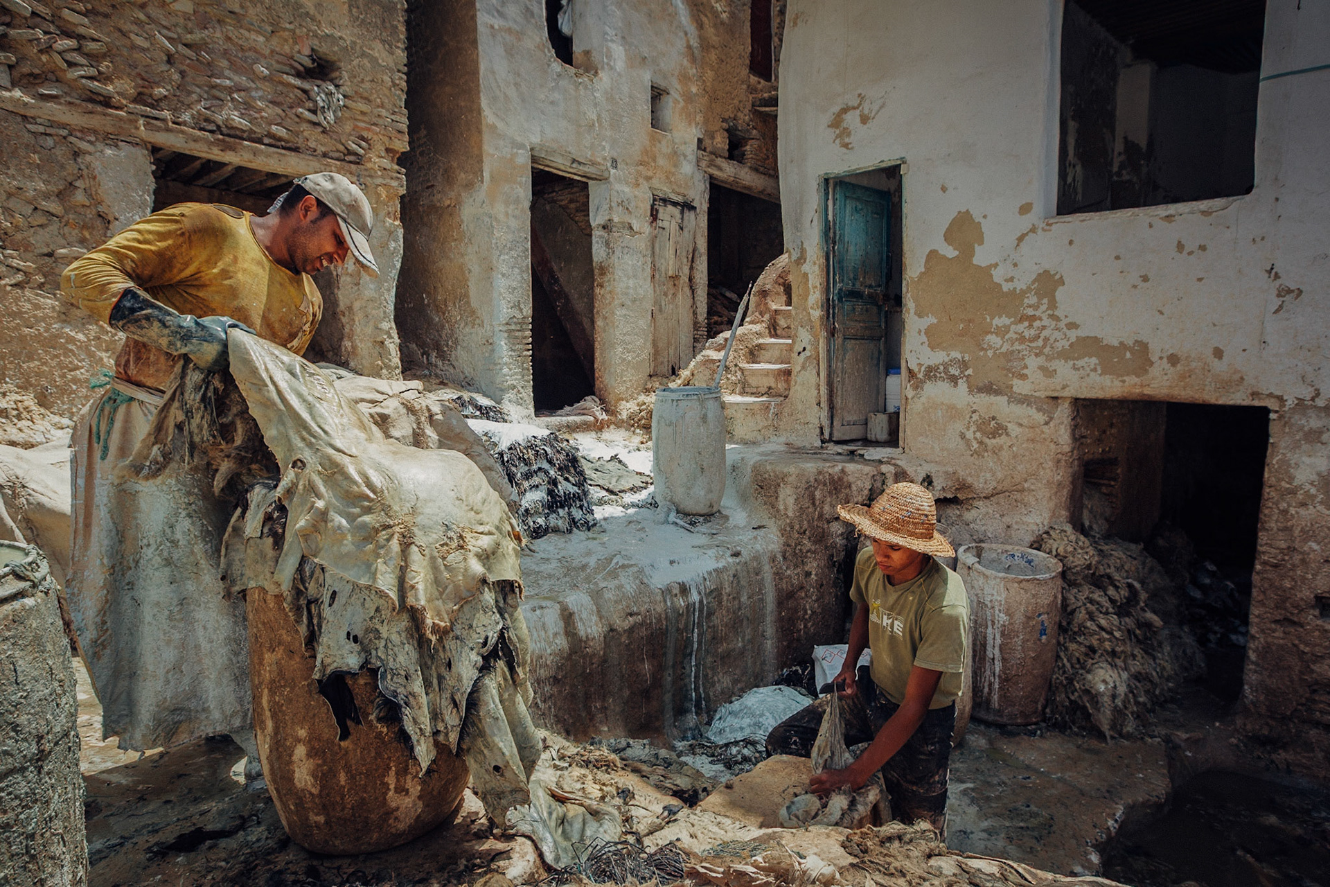 Leather tanners in Marrakech, Morocco, North Africa, Africa, 2010.