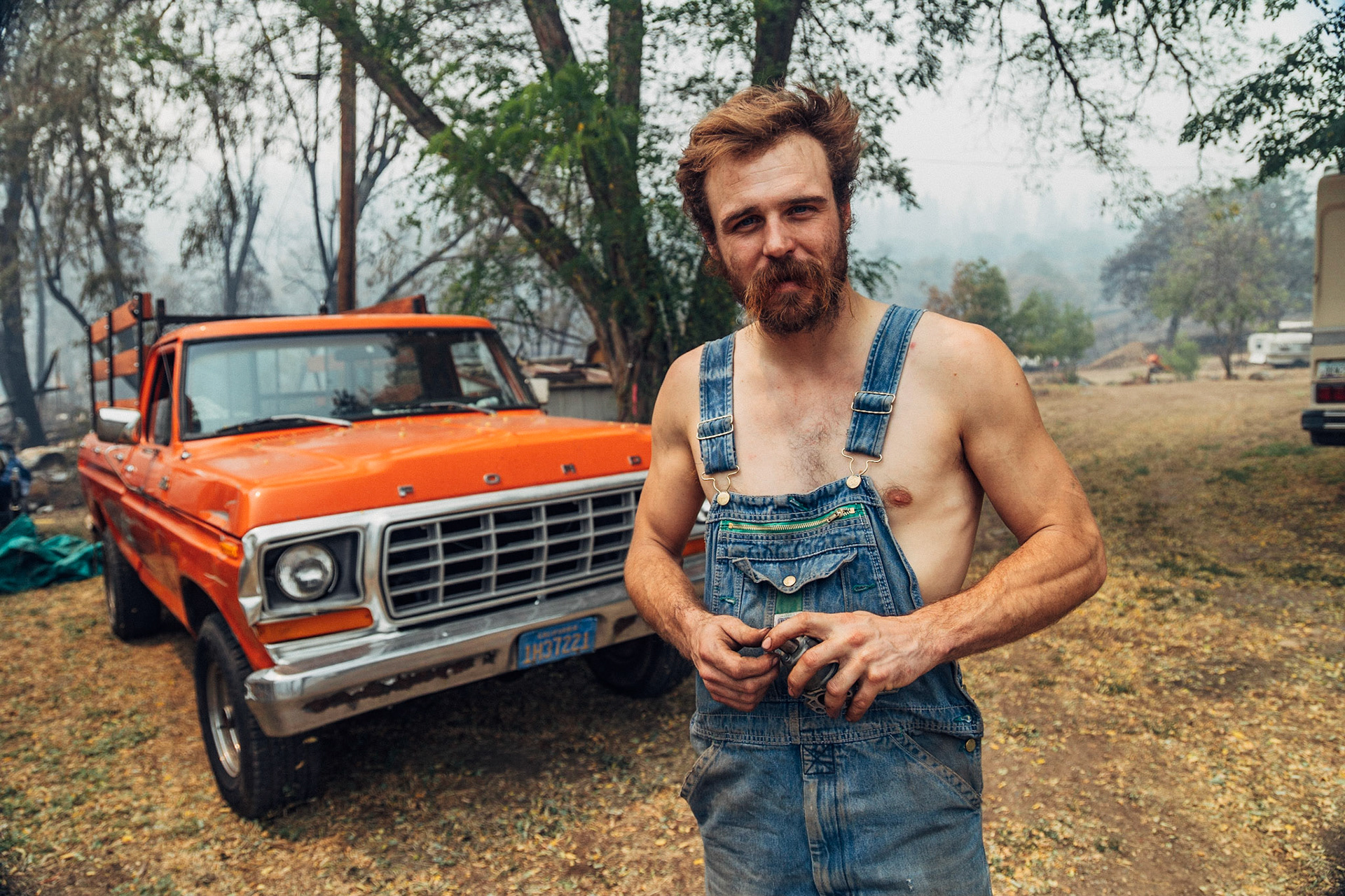 K. L. the day after the McKinney Fire swept through his food business on the Klamath River, Highway 96, California, USA. Fortunately, his home was left intact.