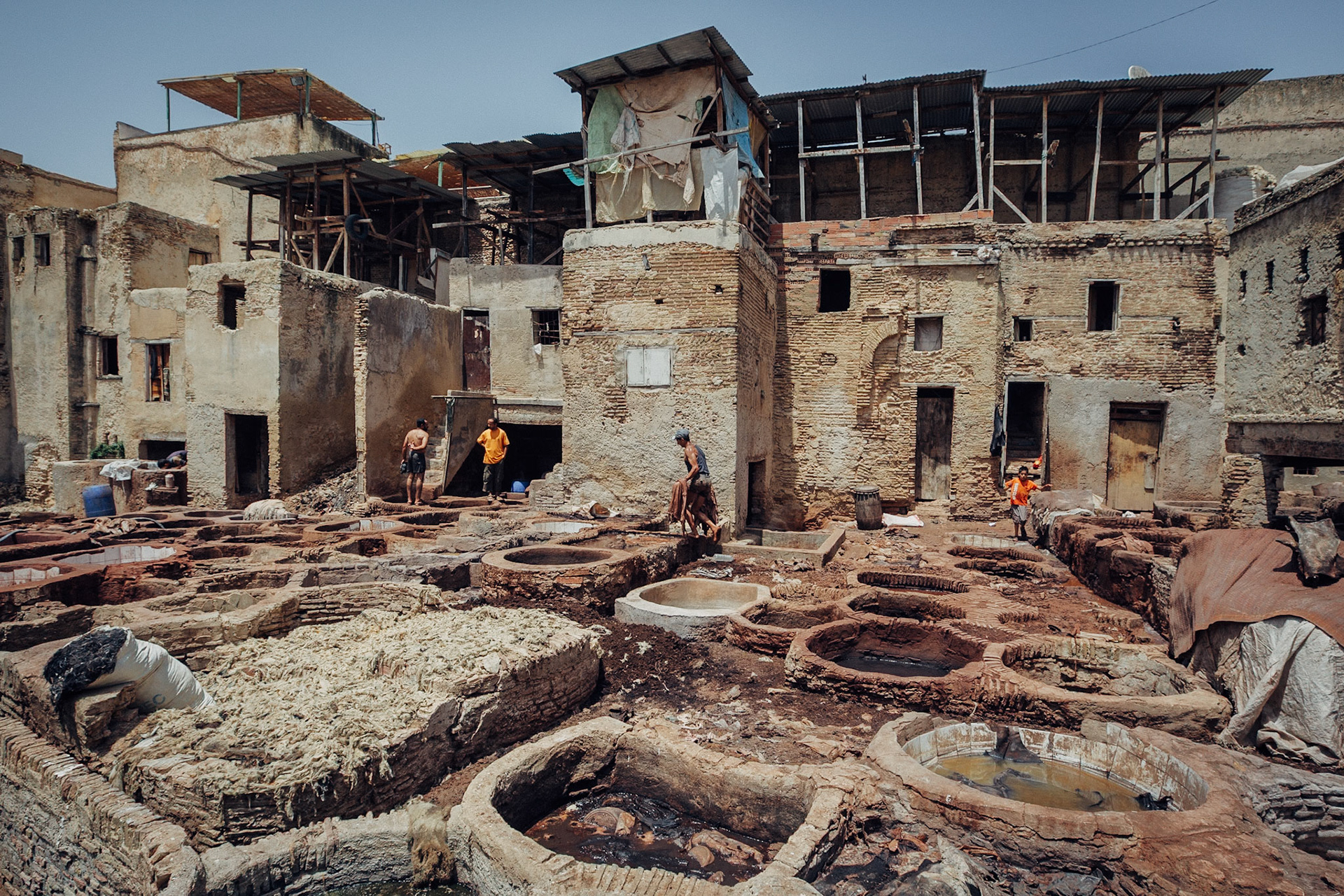 Leather tanners in Marrakech, Morocco, North Africa, Africa, 2010.