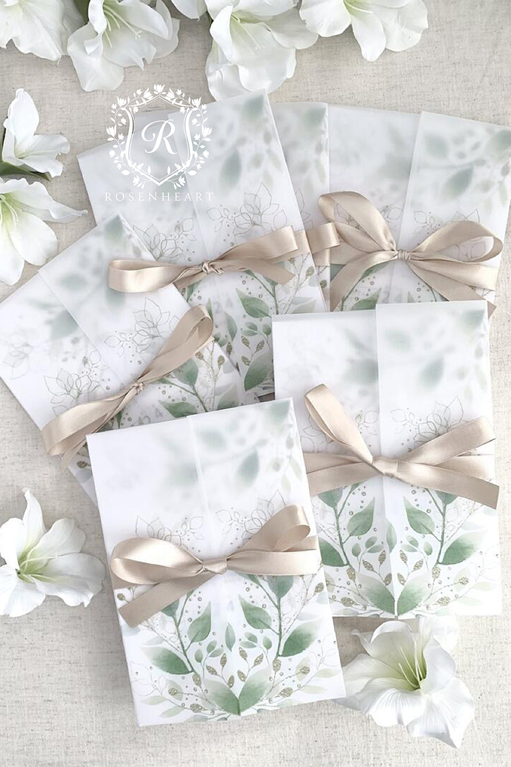 Golden branch vellum hääkutsu setti beigellä satiininauhalla - Vellum jackets with beige satin ribbons