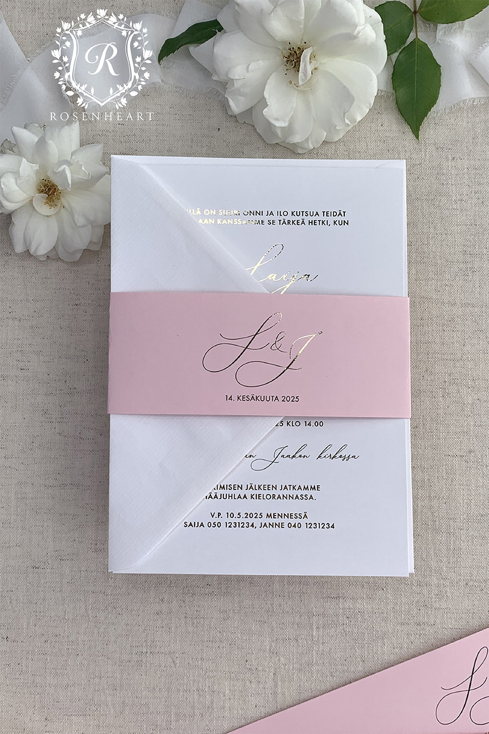 Kultafolio hääkutsu setti vyötteellä - Gold foil Wedding Invitation set with a belt