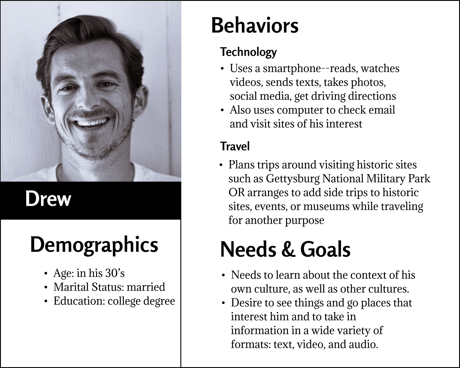 This persona tile presents characteristics of a potential app user.