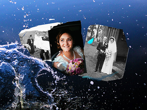 A composite of wedding photos, water, and illustrations of water drops and bubbles for the poem "Rogue Wave," in which women thrown their wedding albums overboard.