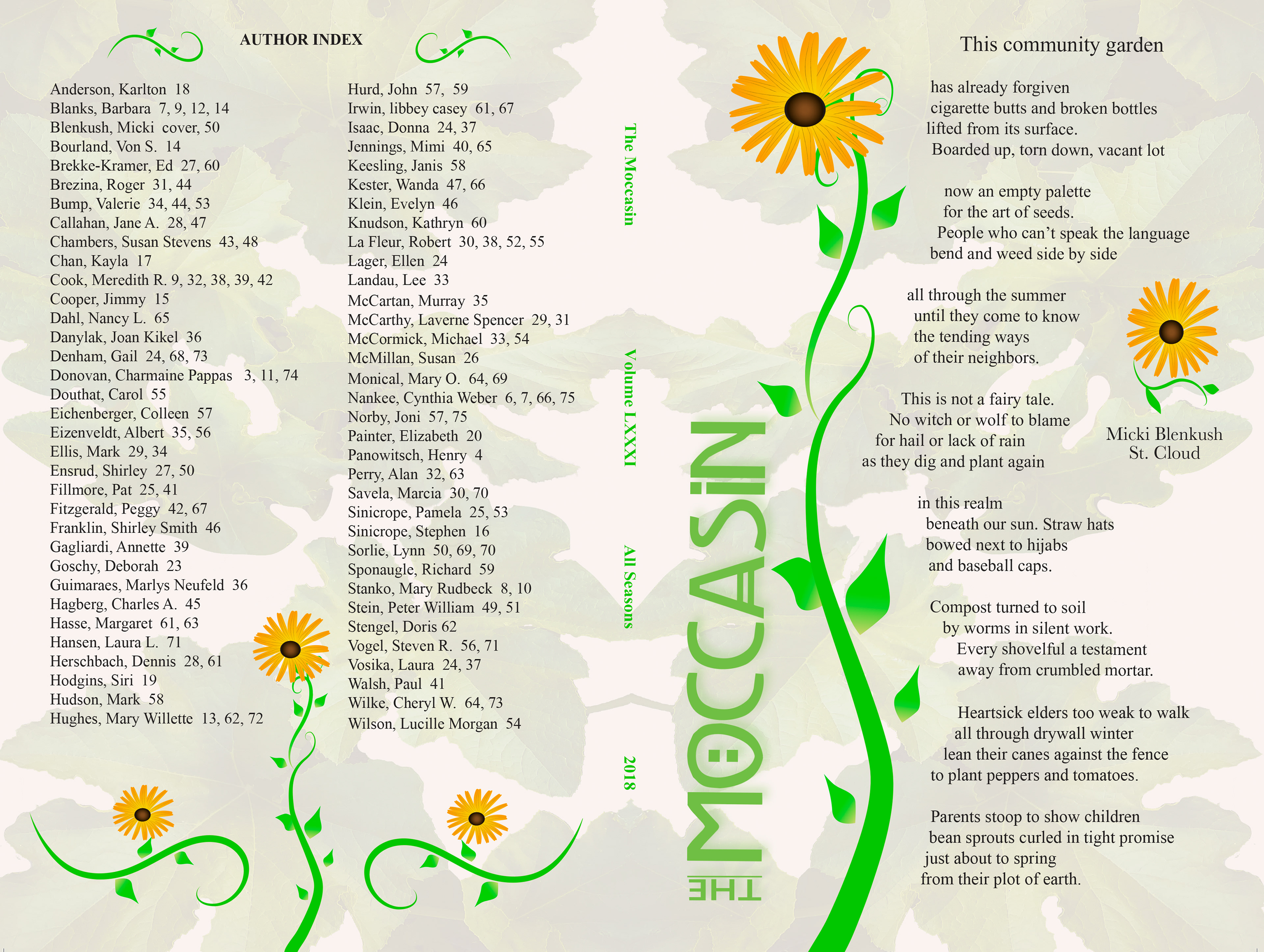 Back and front cover spread of the 2018 Moccasin.   Back cover has text with faded leaves in the background, and green vines with gold flowers in the foreground.