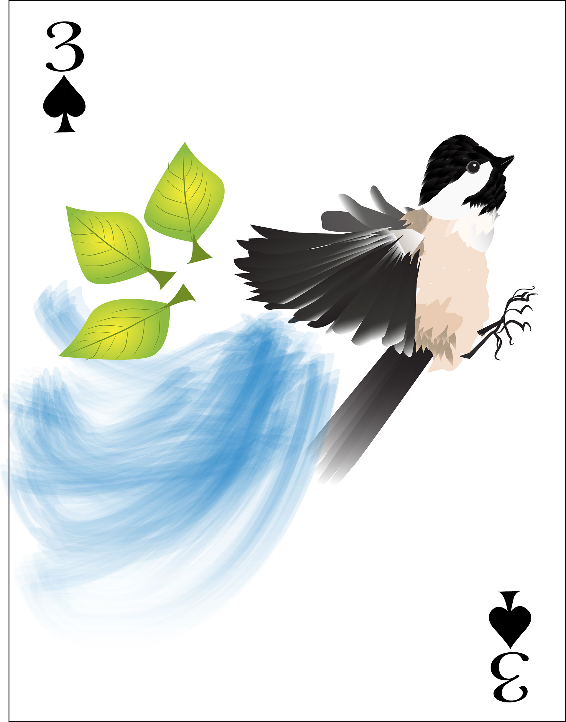 A Black-Capped Chickadee on the three of Spades.
