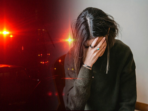 Composite of a worried adult and emergency lights to introduce the poem "Siren for Somebody Else."