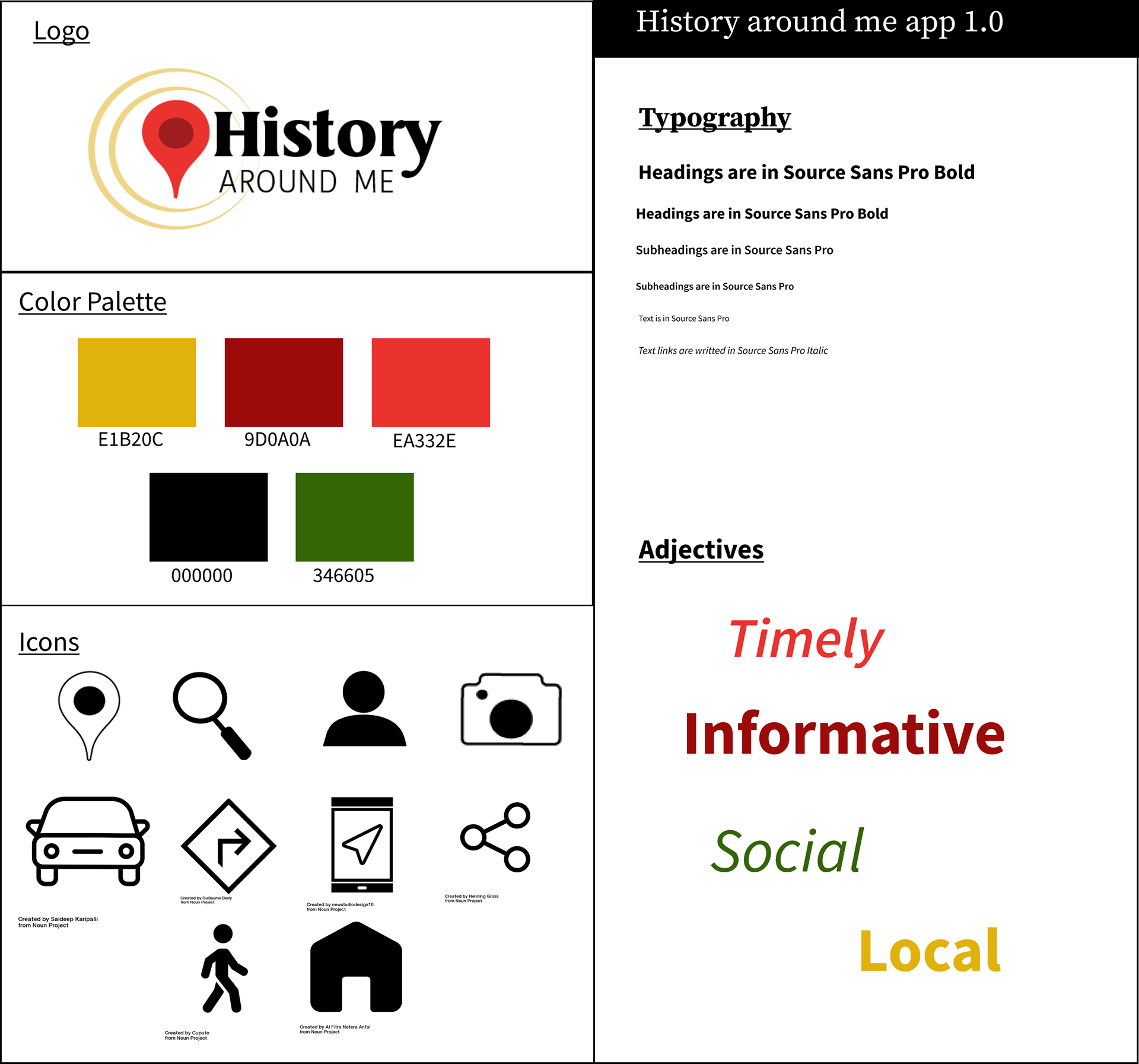 A style tile showing logo, color palette, text examples, and icons for an app.