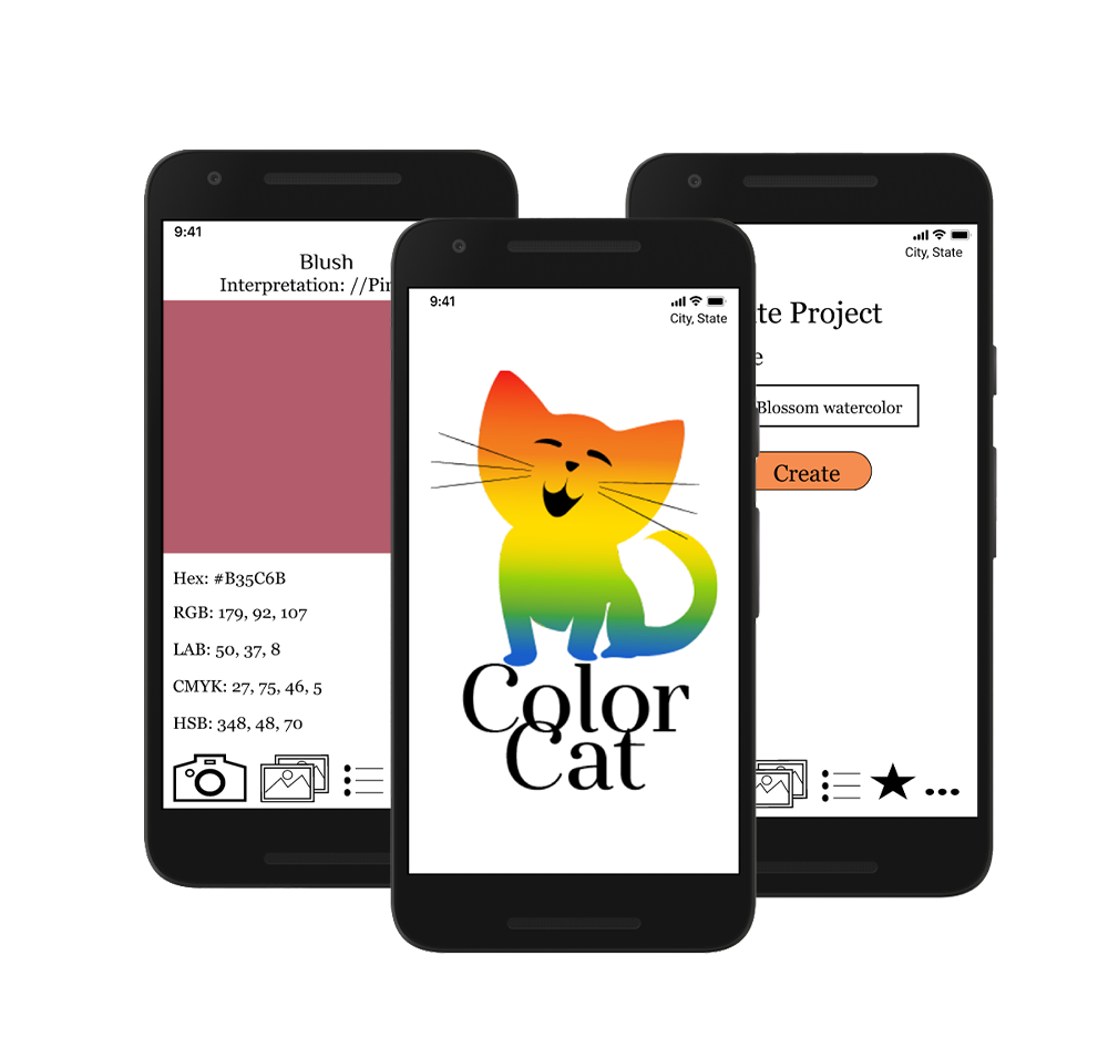 Hero image of three screen mockup of ColorCat app.