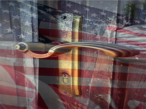 A photo composite of a partly opened door and a US flag for a poem titled "Memorial Day."