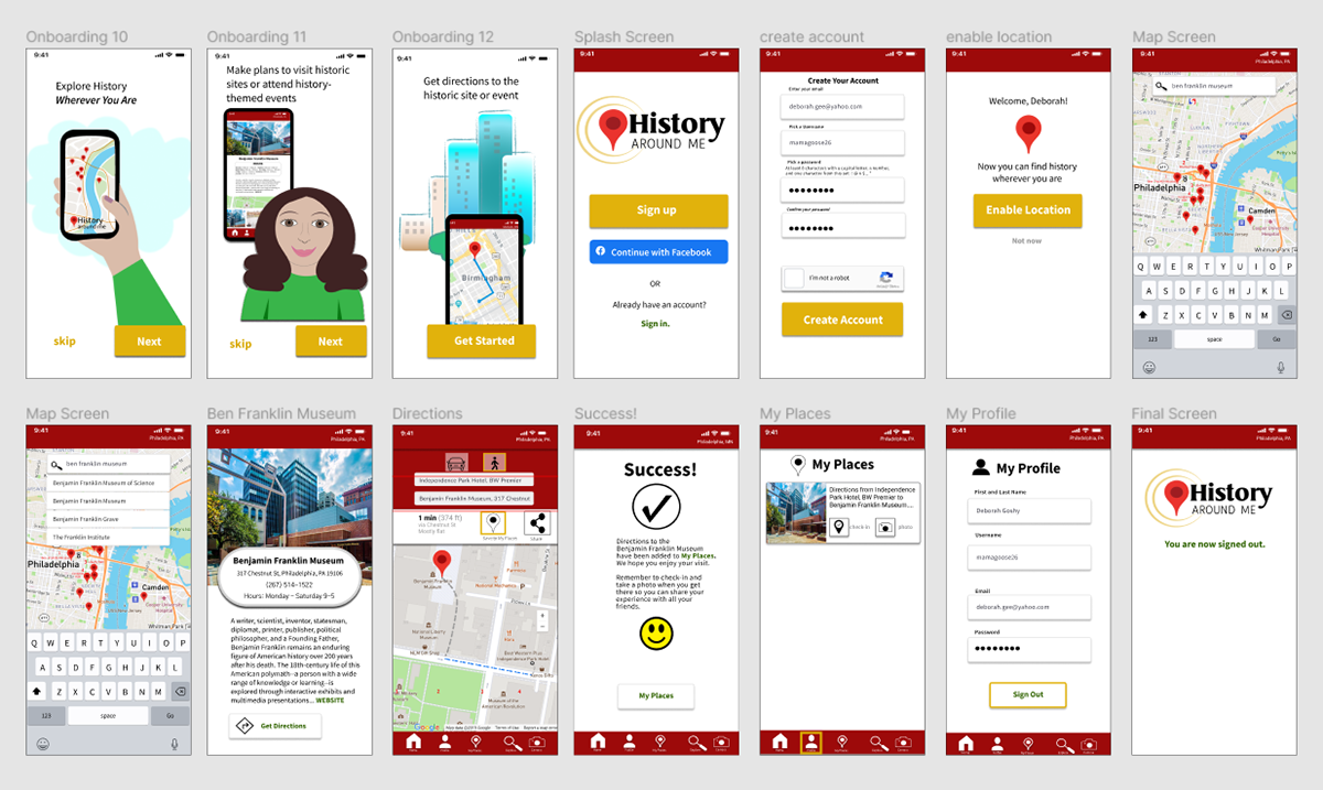 High-fidelity wireframes for History Around Me.