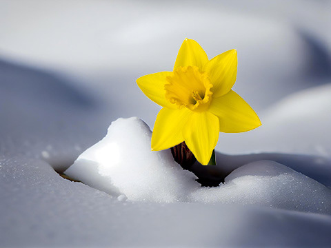 A composite of two photos to create an image of a daffodil blooming in the snow for the poem "Keepers."