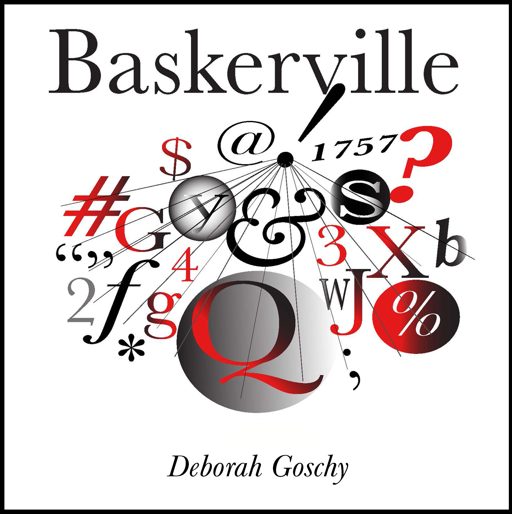 Image of Baskerville type specimen book cover. Design of Baskerville characters in black, white, and red.
