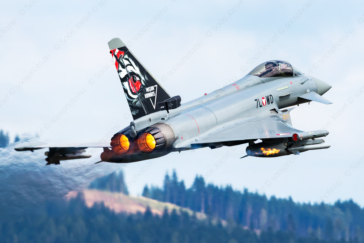 Eurofighter Typhoon of the host nation taking off at maximum thrust