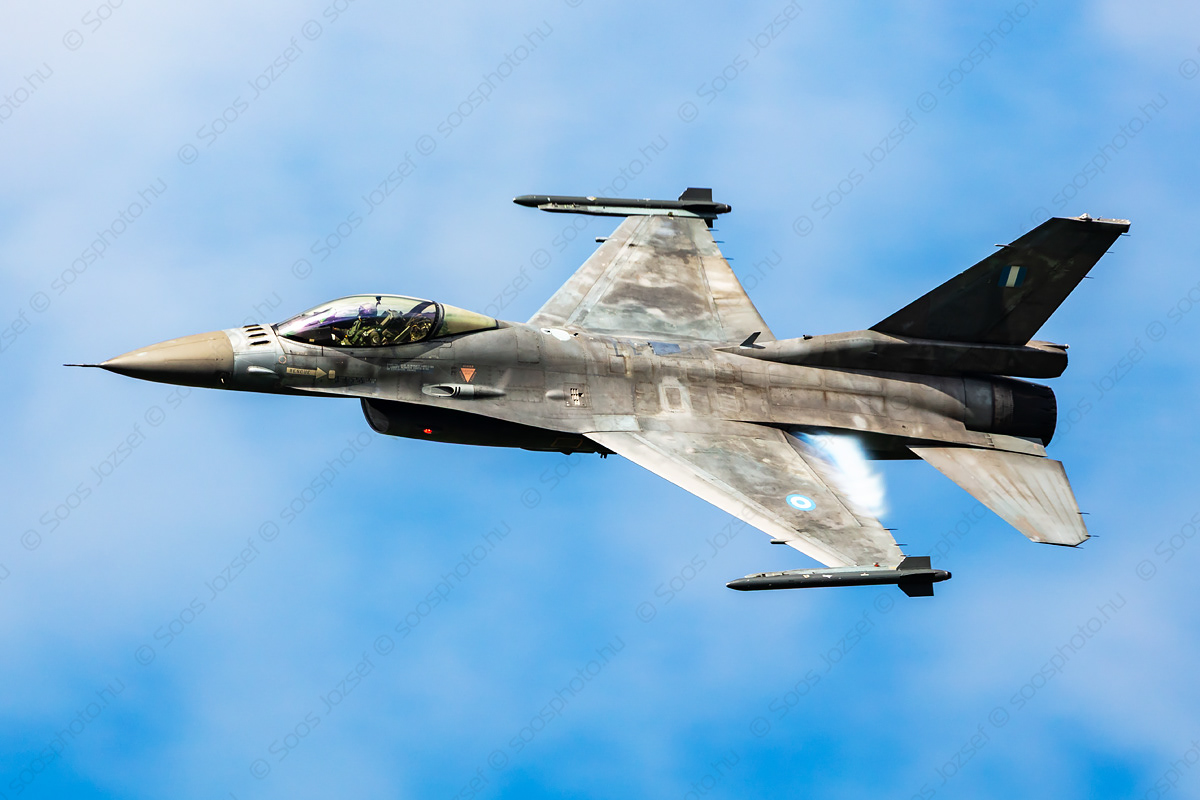 Hellenic Air Force Zeus Demo Team F-16C fighter jet in a fast pass