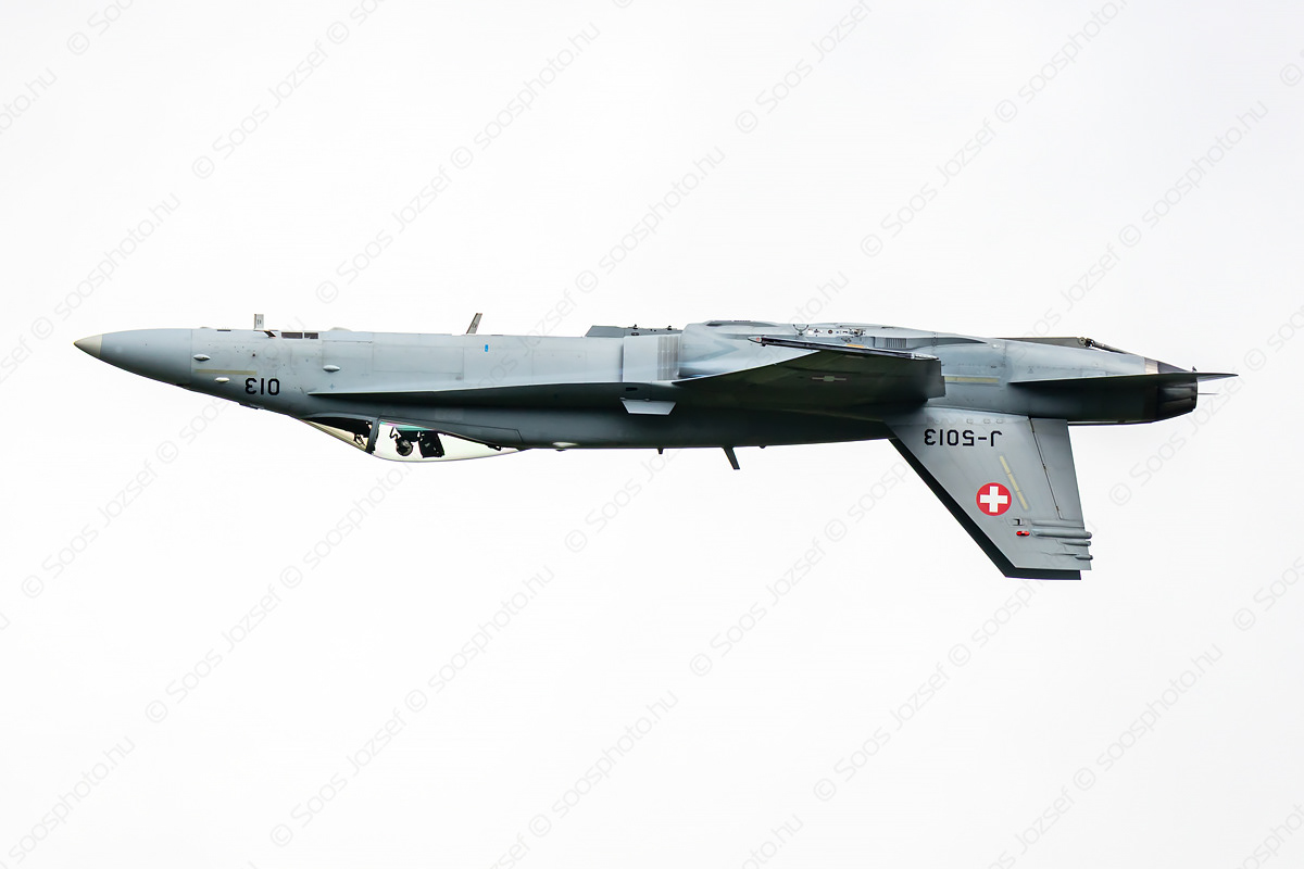 Swiss Air Force F/A-18C Hornet fighter jet in inverted flight
