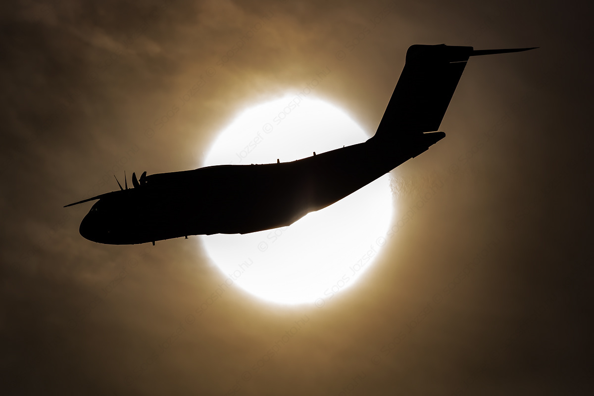 German Air Force Airbus A400M Atlas transport aircraft crossing the sun’s disc