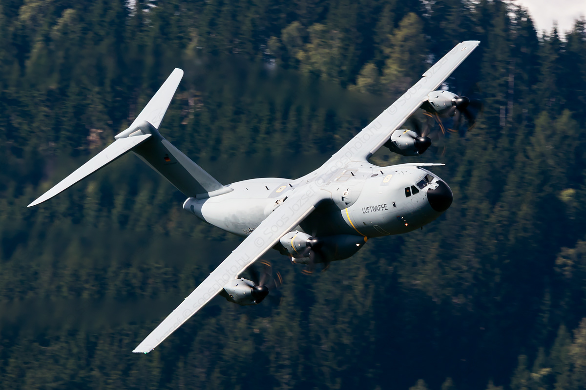 Luftwaffe Airbus A400M Atlas transport aircraft performing low-level aerobatics
