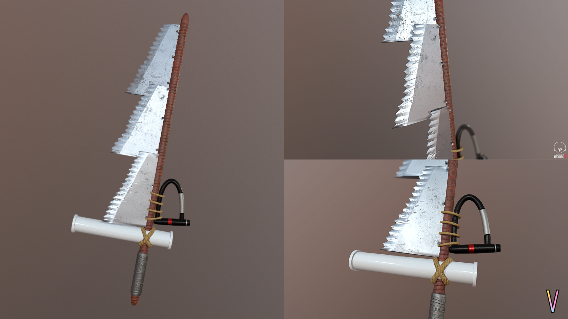 Custom made post apocalyptic sword, base mesh made in Maya, detail sculpted in ZBrush, textured in Substance Painter