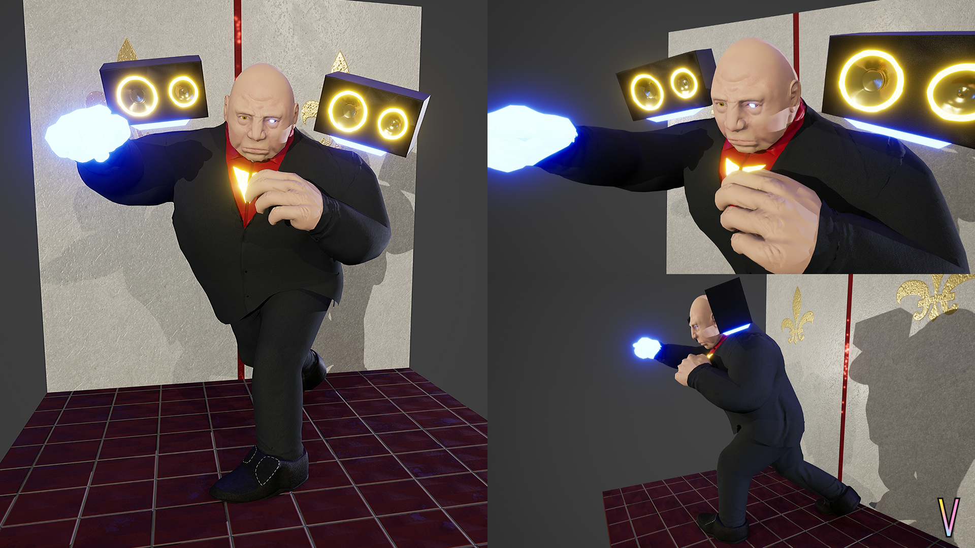 Cyberpunk Crime Boss model, body sculpted in ZBrush, clothing made and simulated in Marvelous Designer, retopolagized in Maya, baked and textured in Substance Painter, rendered in UE4