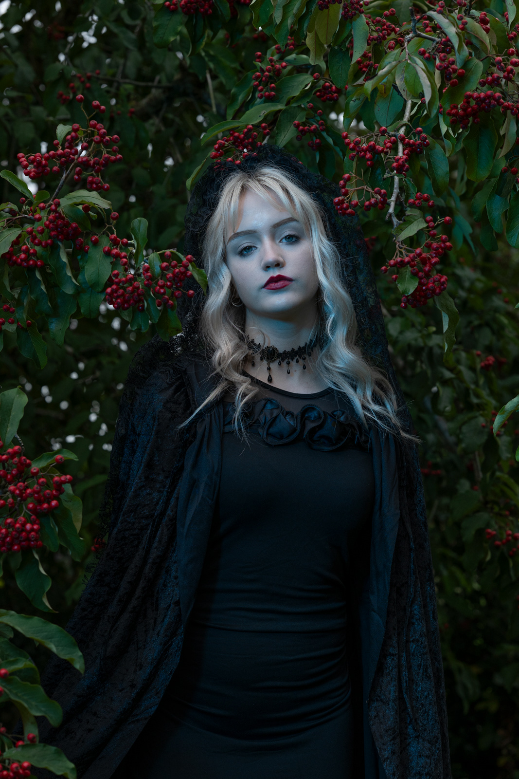 Blonde model portrait in gothic-inspired style