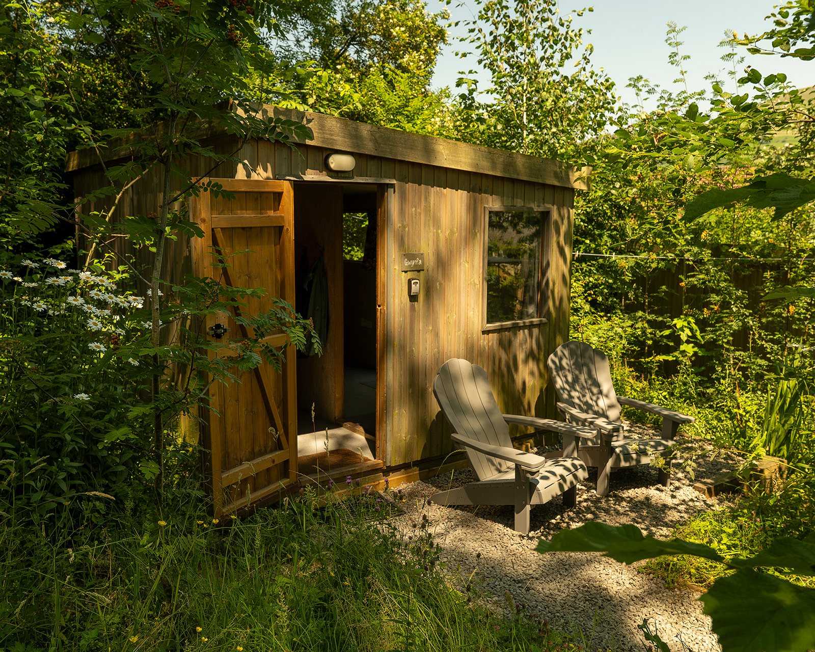 Gwynfa cabin at Roost Merthyr Tydfil, with wooden chairs beneath the trees and the cabin door open to the surrounding greenery. Dappled shade and an inviting outdoor space create a relaxed setting for a South Wales glamping stay.
