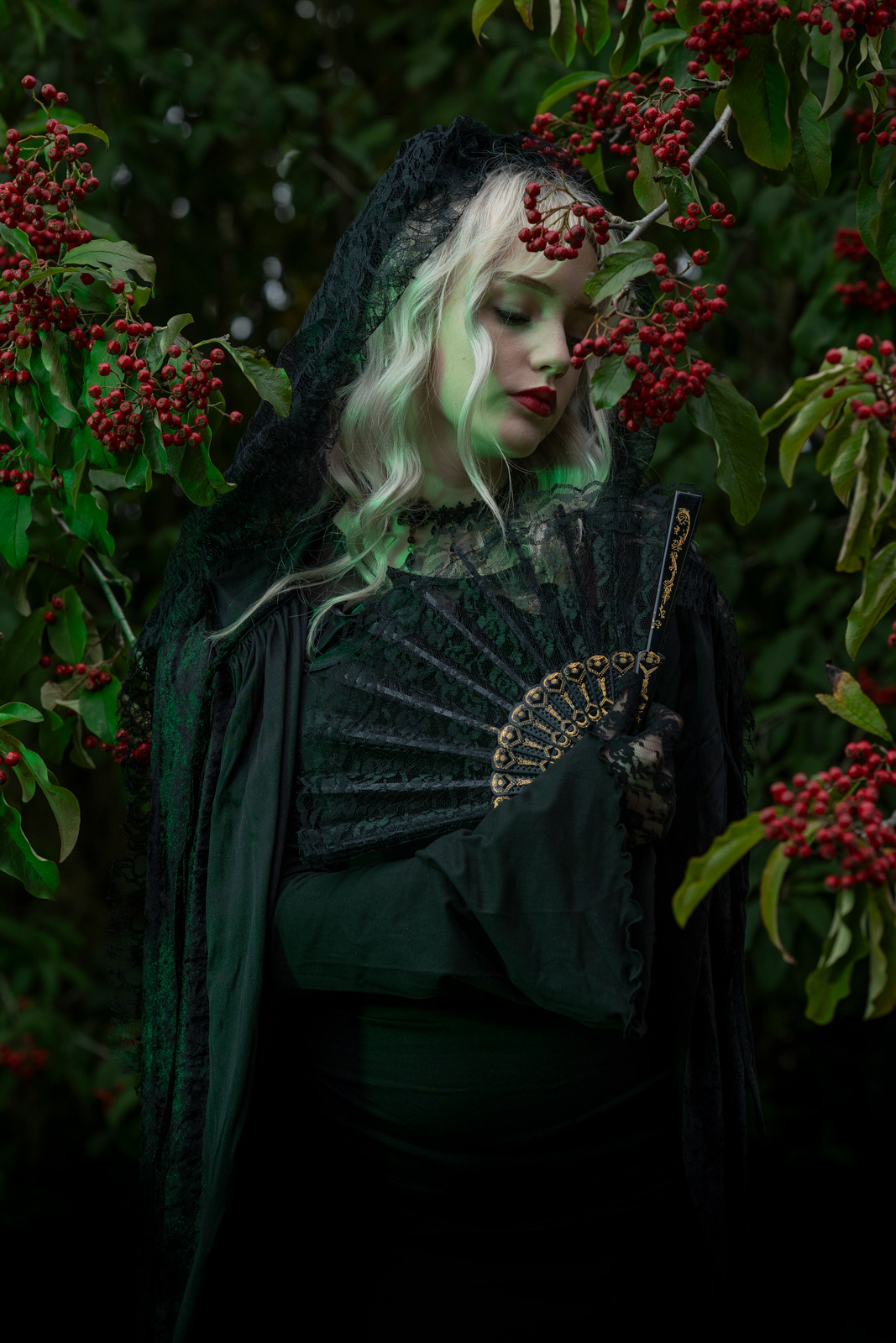 Blonde model portrait in gothic-inspired style