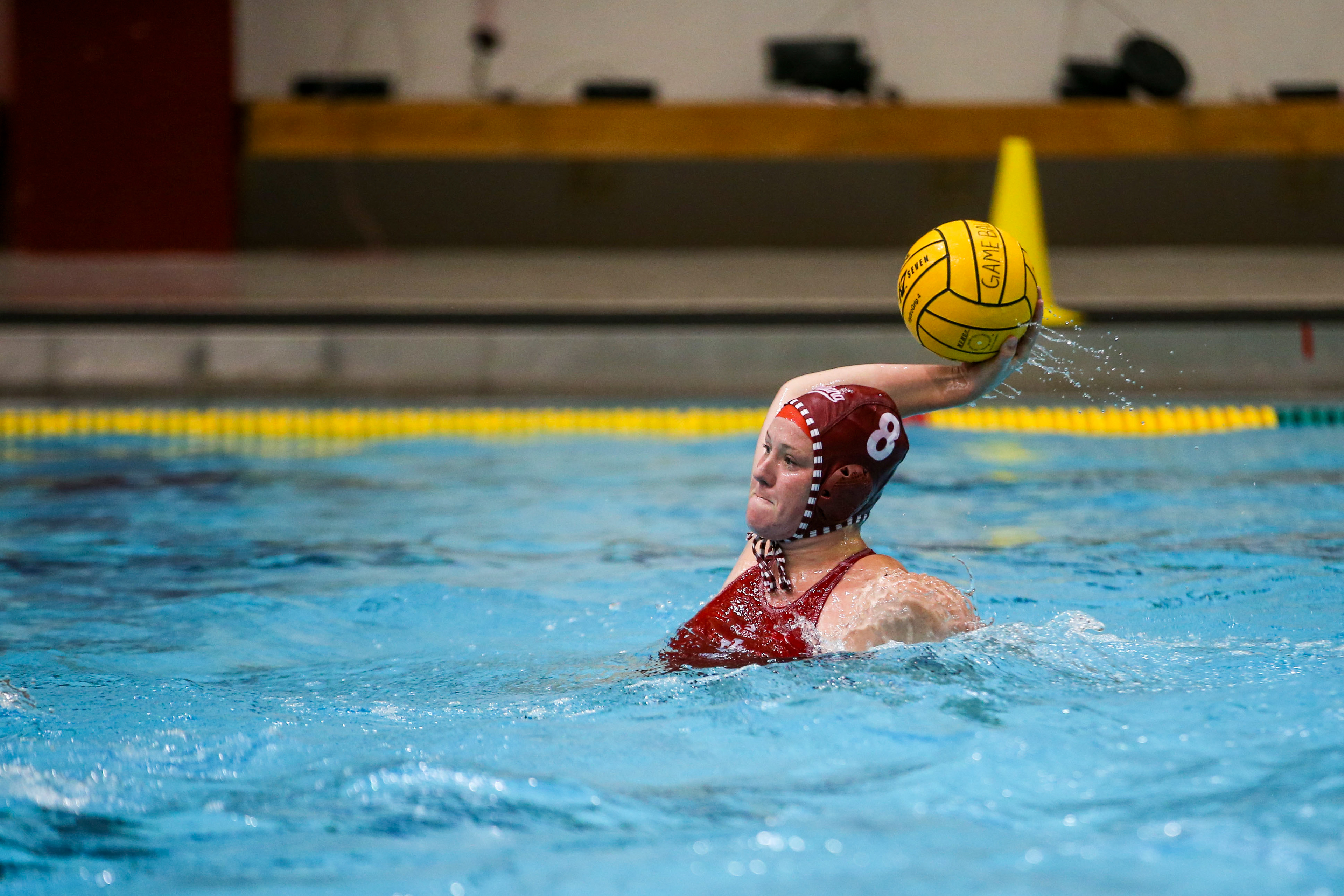 BLOOMINGTON, IN - April 02, 2021 - center Izzy Mandema #8 of the Indiana Hoosiers during the game against the Southern California Trojans and the Indiana Hoosiers at Counsilman-Billingsley Aquatic Center in Bloomington, IN. 
