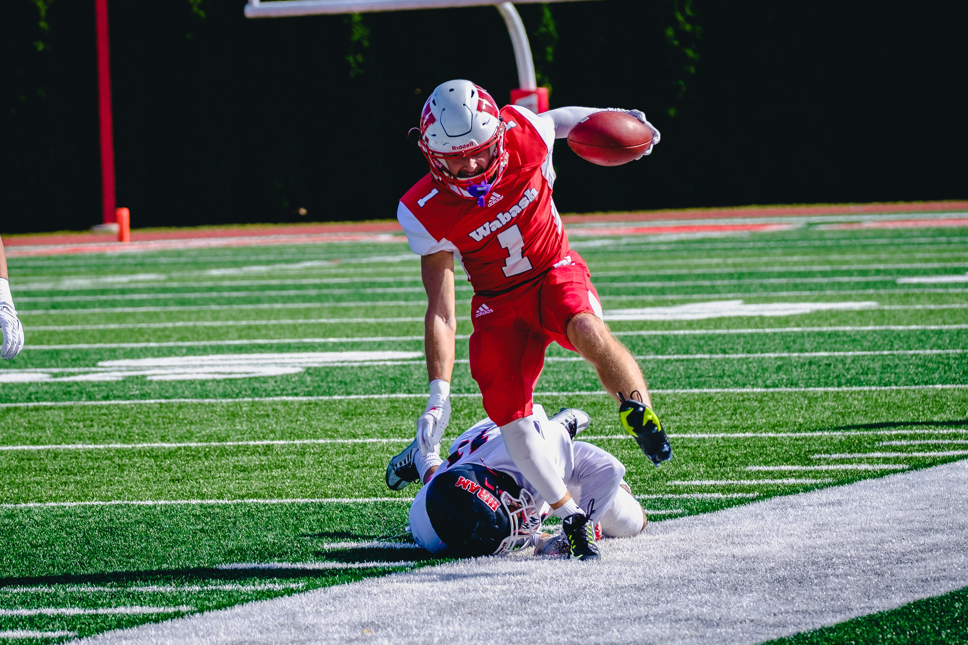 CRAWFORDSVILLE, IN – 10.29.2022 – Wide Receiver Cooper Sullivan #1 of the Wabash Little Giants runs the ball during the game against the Hiram Terriers and the Wabash Little Giants at Little Giant Stadium in Crawfordsville, IN. 