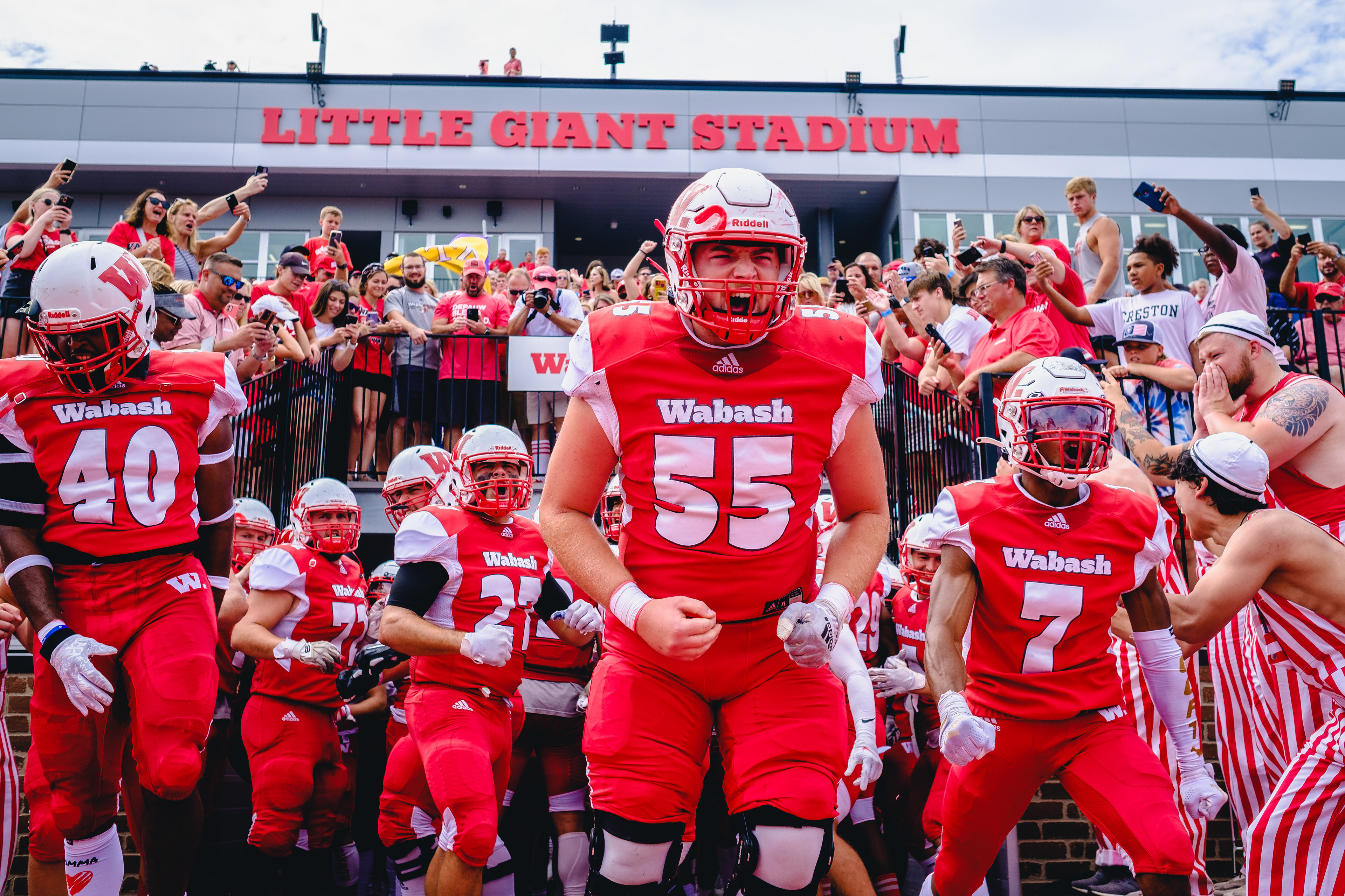 CRAWFORDSVILLE, IN – September 03, 2022 – Linebacker Reilly Granger #55 of the Wabash Little Giants cheers before the game against the Hampden-Sydney Tigers and the Wabash Little Giants at Little Giant Stadium in Crawfordsville, IN. 
