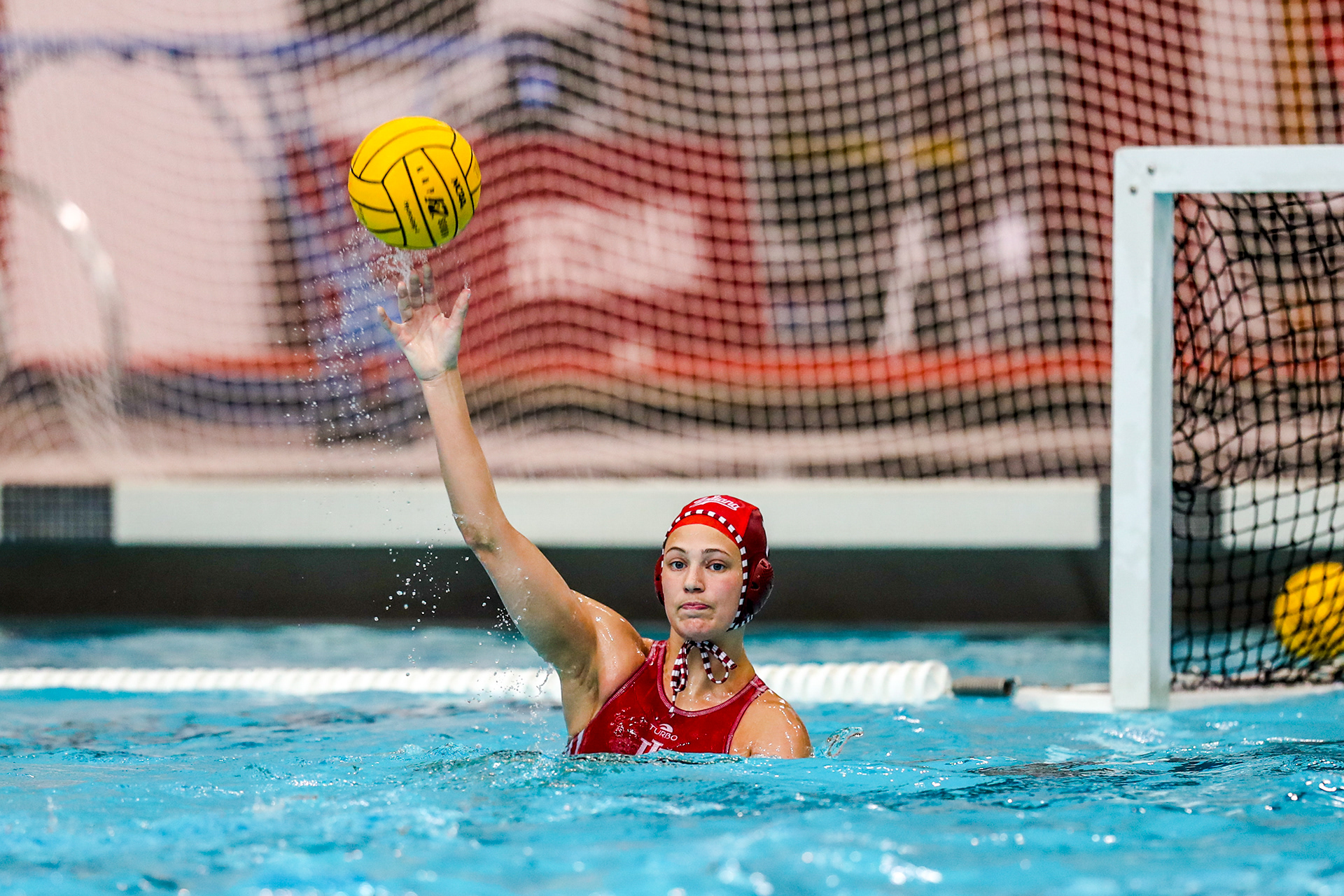 BLOOMINGTON, IN - April 13, 2021 - goalkeeper Mary Askew #1 of the Indiana Hoosiers during the game against the UCLA Bruins and the Indiana Hoosiers at Counsilman-Billingsley Aquatic Center in Bloomington, IN. 