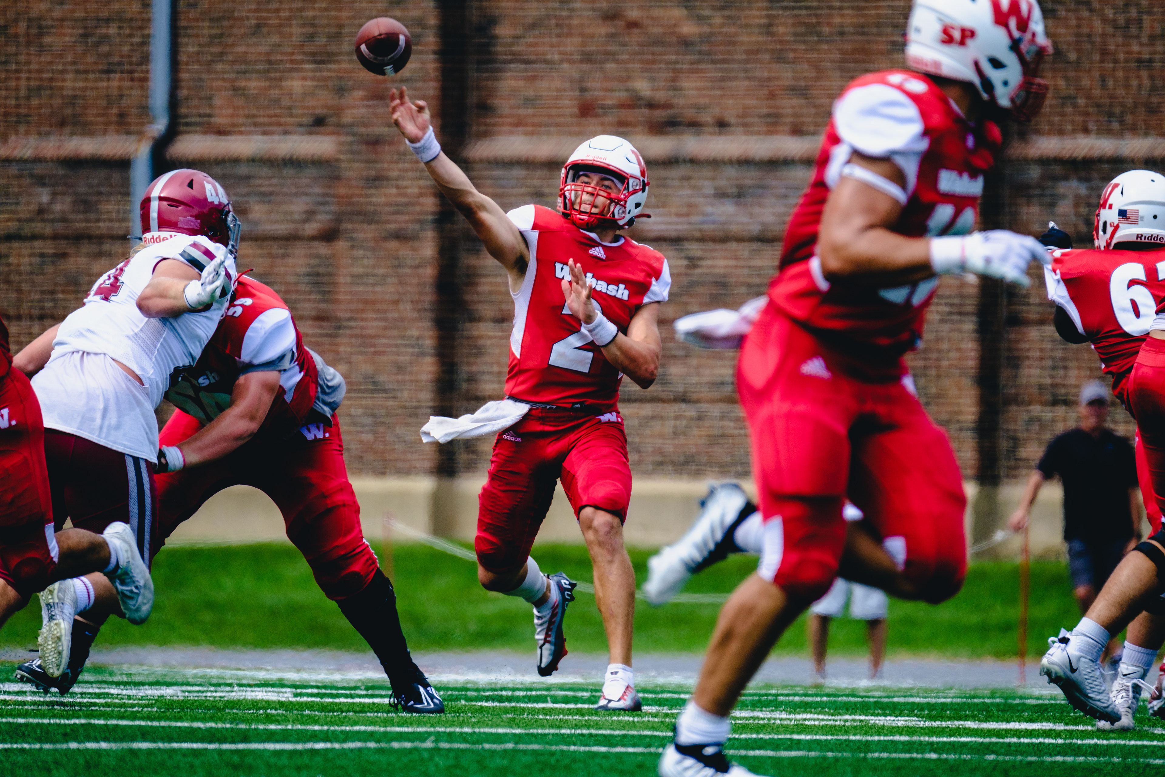 CRAWFORDSVILLE, IN – September 03, 2022 – Quarterback Liam Thompson #2 of the Wabash Little Giants throws the ball during the game against the Hampden-Sydney Tigers and the Wabash Little Giants at Little Giant Stadium in Crawfordsville, IN.