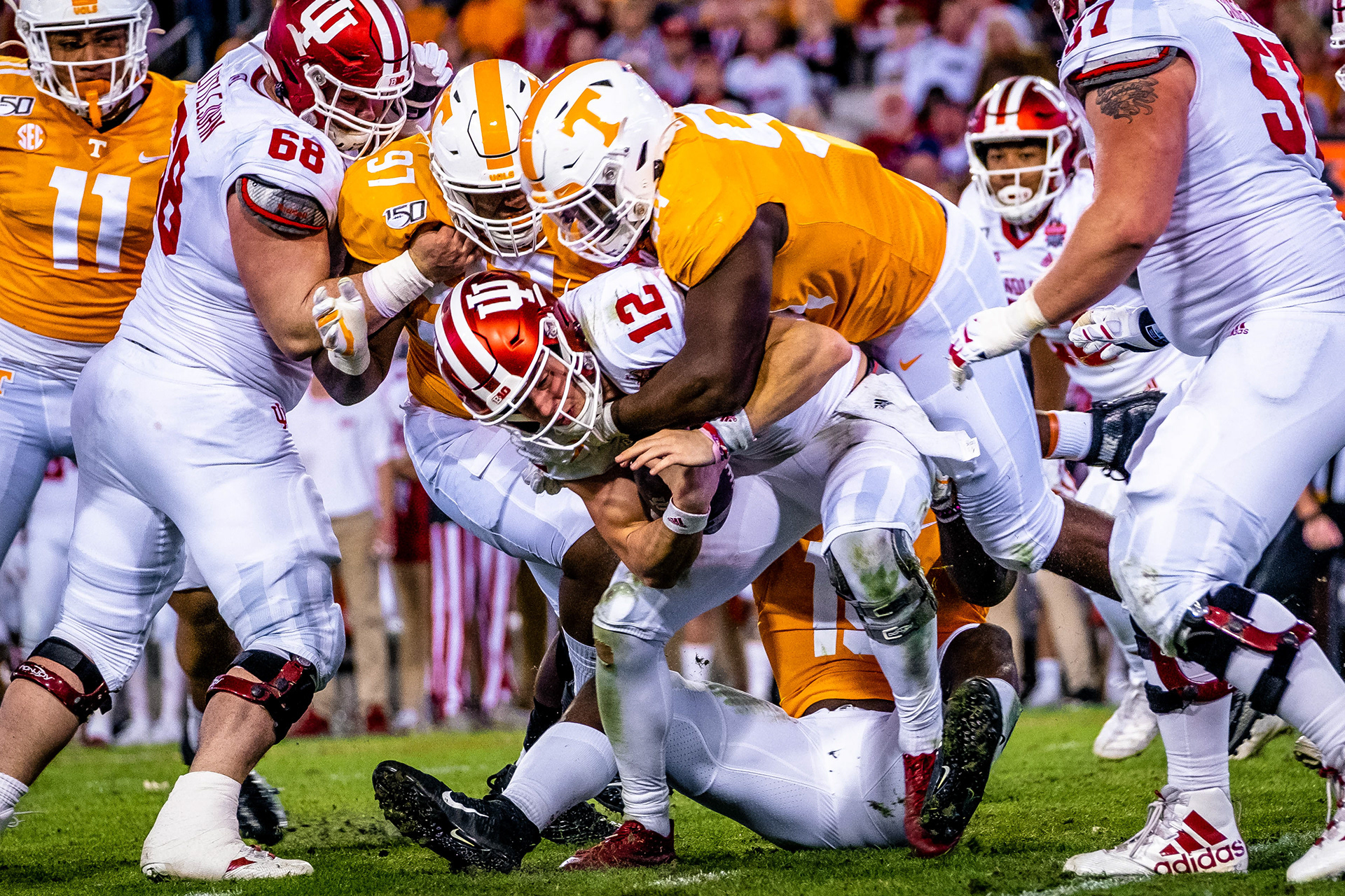 JACKSONVILLE, FL –01.02.2020 – Quarterback Peyton Ramsey #12 of the Indiana Hoosiers got sacked during the TaxSlayer Gator Bowl against the Tennessee Volunteers and the Indiana Hoosiers at Everbank Stadium Stadium in Jacksonville, FL. 