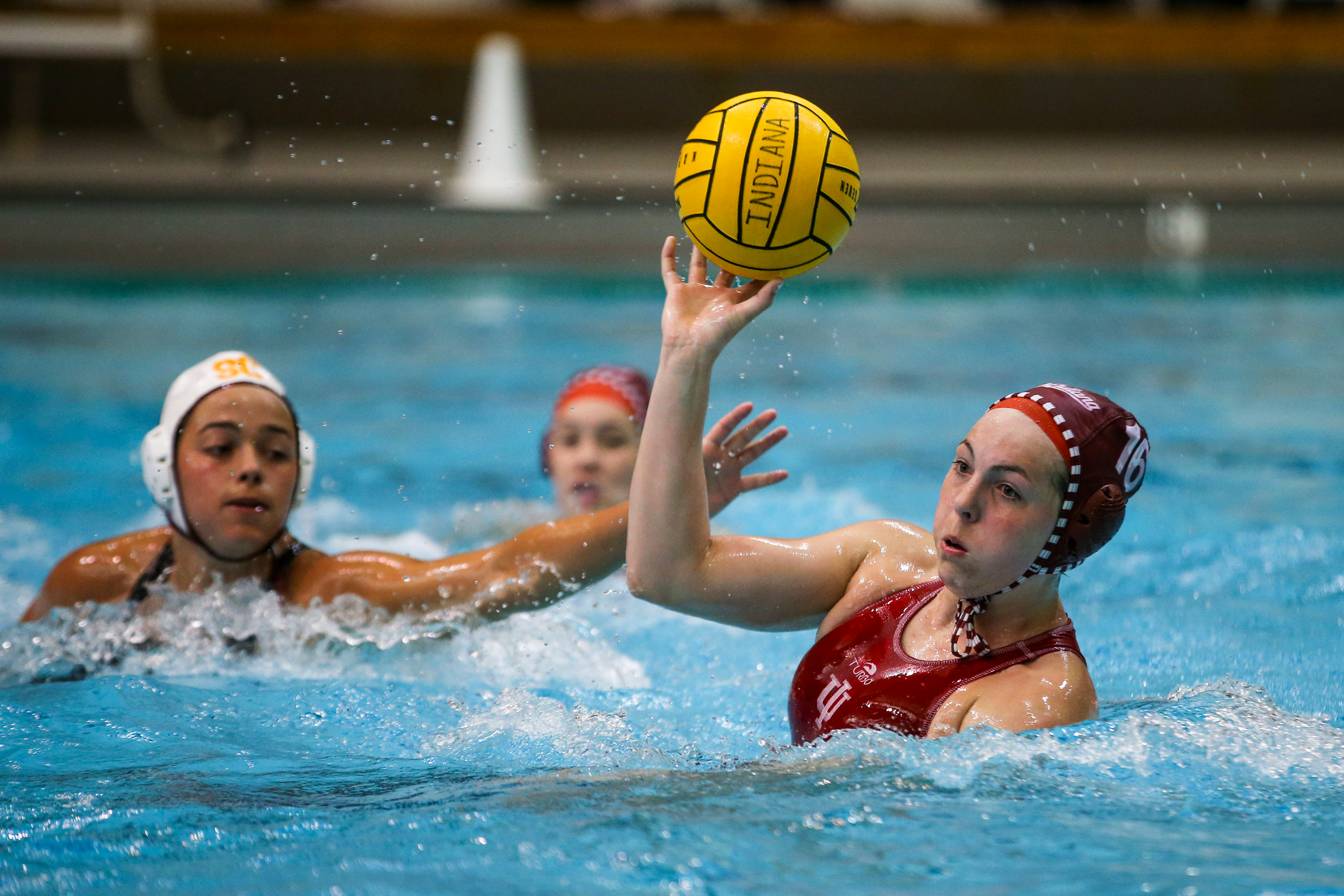 BLOOMINGTON, IN - April 02, 2021 - driver Kallie White #16 of the Indiana Hoosiers during the game against the Southern California Trojans and the Indiana Hoosiers at Counsilman-Billingsley Aquatic Center in Bloomington, IN. 
