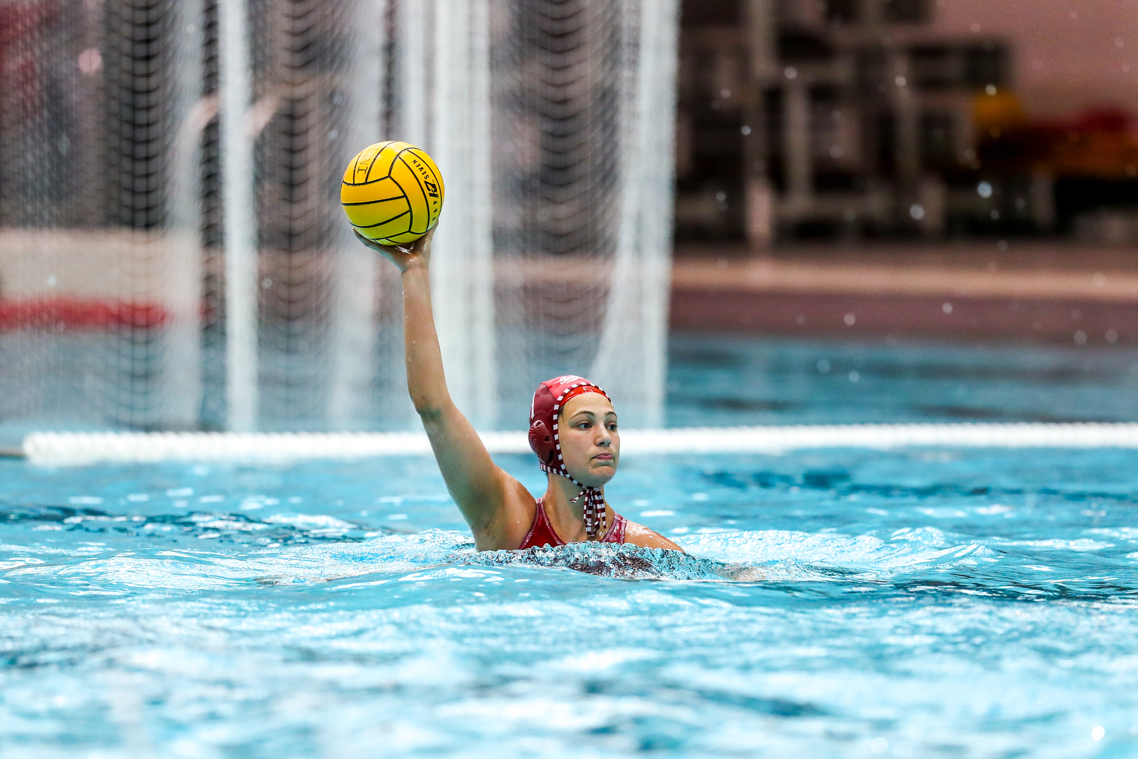 BLOOMINGTON, IN - April 13, 2021 - goalkeeper Mary Askew #1 of the Indiana Hoosiers during the game against the UCLA Bruins and the Indiana Hoosiers at Counsilman-Billingsley Aquatic Center in Bloomington, IN. 