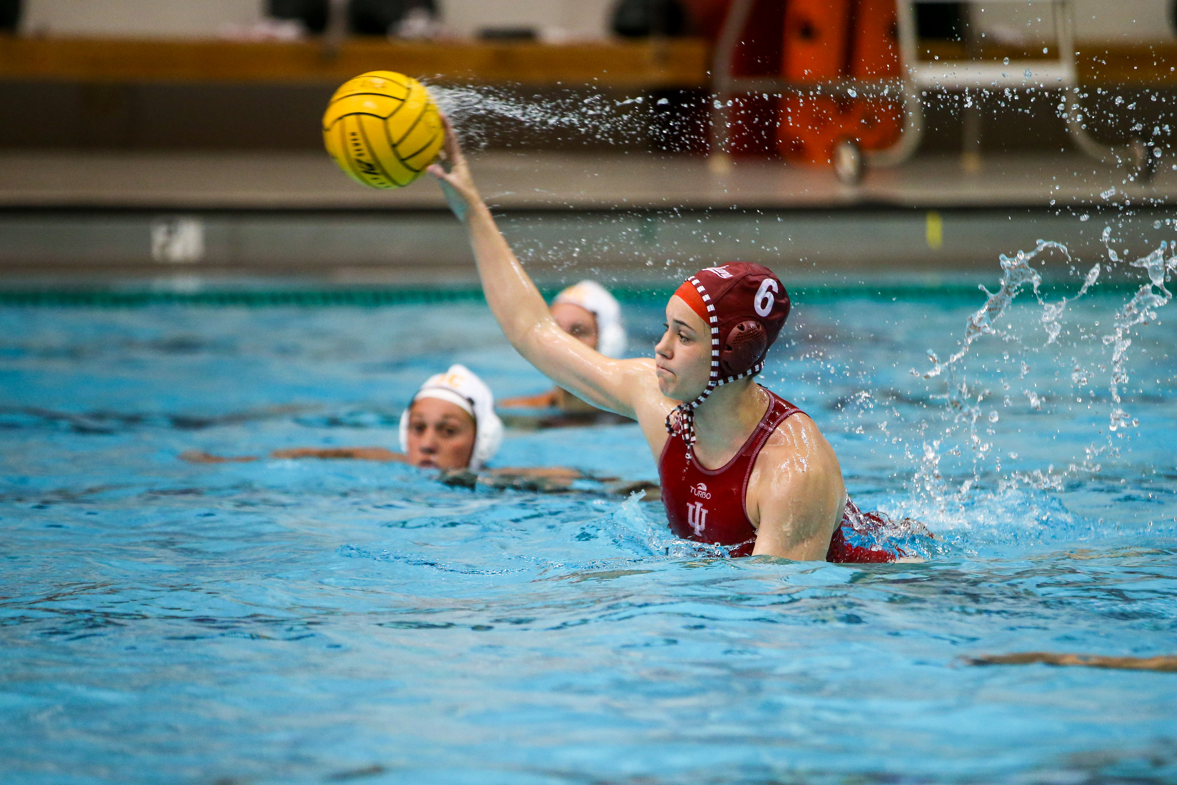 BLOOMINGTON, IN - April 02, 2021 - attacker Lanna Debow #6 of the Indiana Hoosiers during the game against the Southern California Trojans and the Indiana Hoosiers at Counsilman-Billingsley Aquatic Center in Bloomington, IN. 