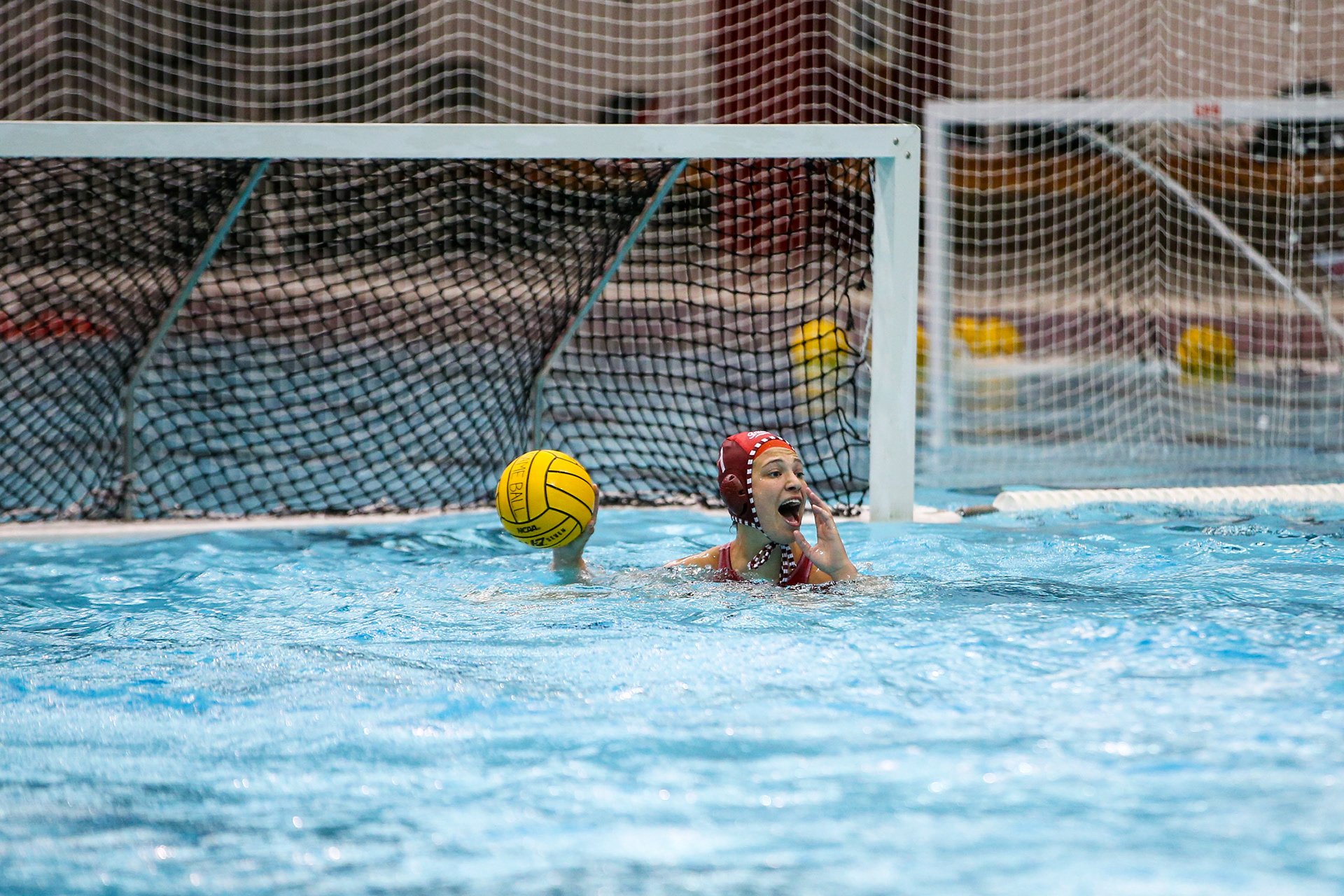 BLOOMINGTON, IN - April 02, 2021 - goalkeeper Mary Askew #1 of the Indiana Hoosiers during the game against the Southern California Trojans and the Indiana Hoosiers at Counsilman-Billingsley Aquatic Center in Bloomington, IN.